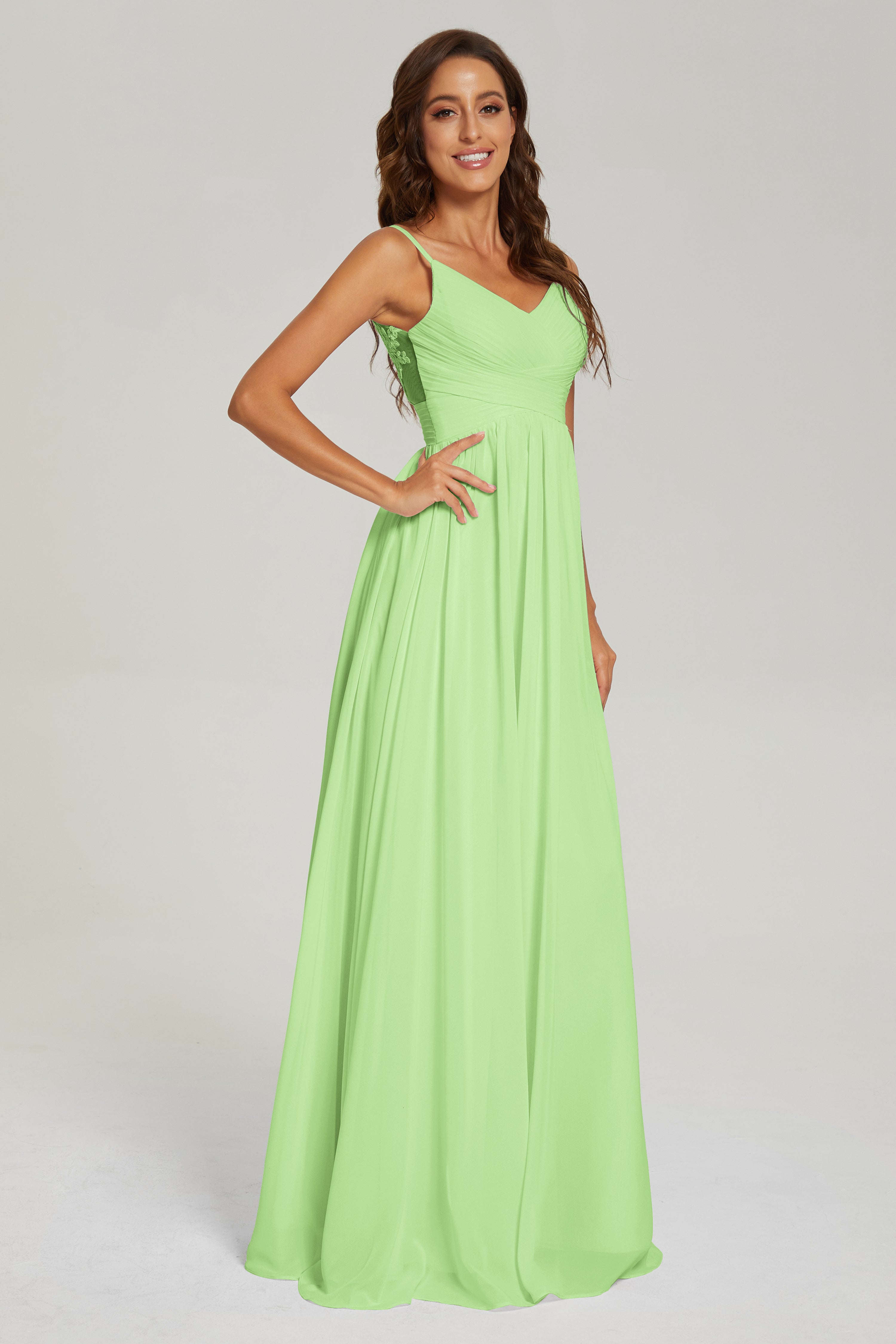 A-line V Neck Pleating Long Chiffon Prom Dresses