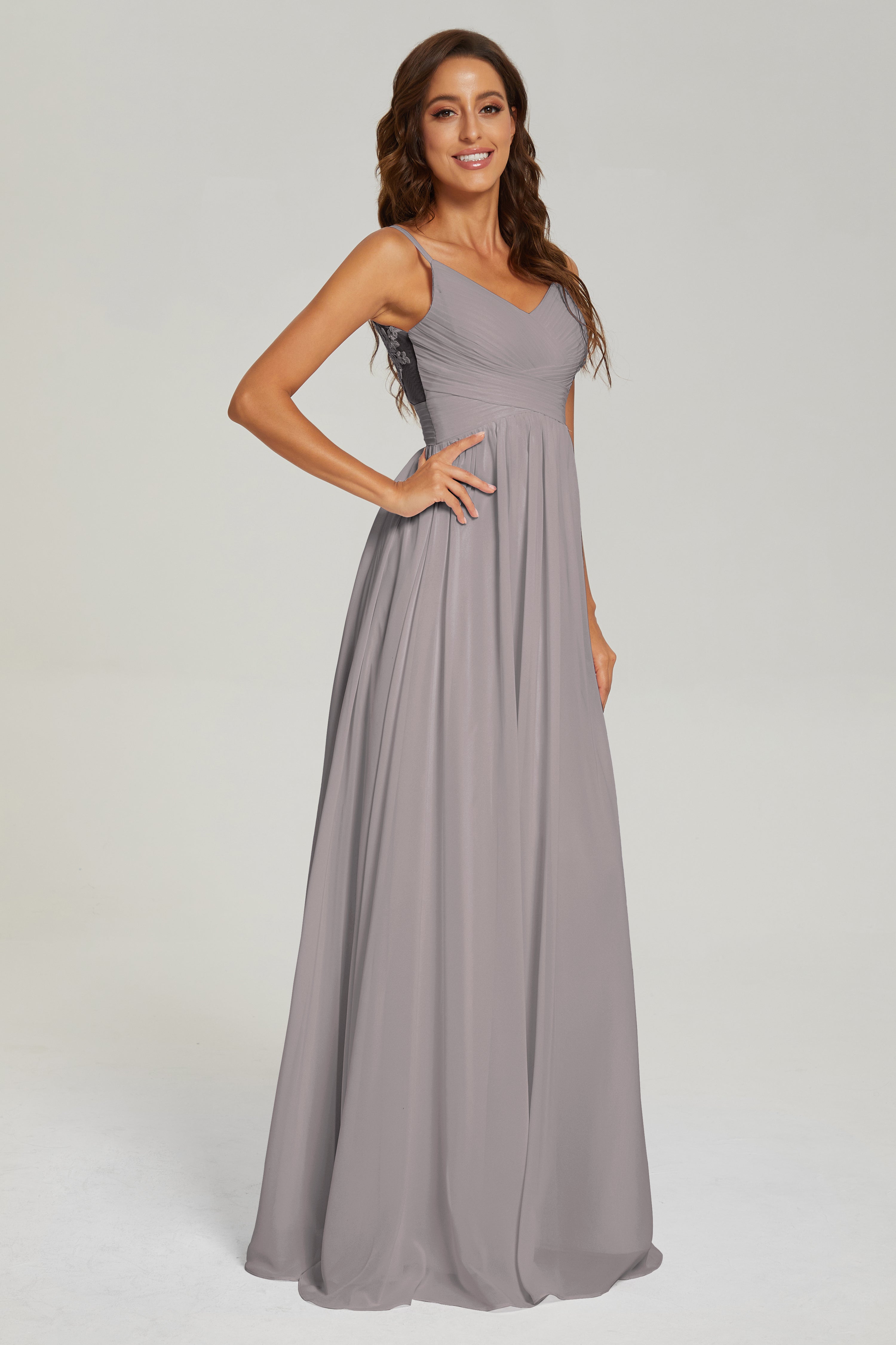 A-line V Neck Pleating Long Chiffon Prom Dresses