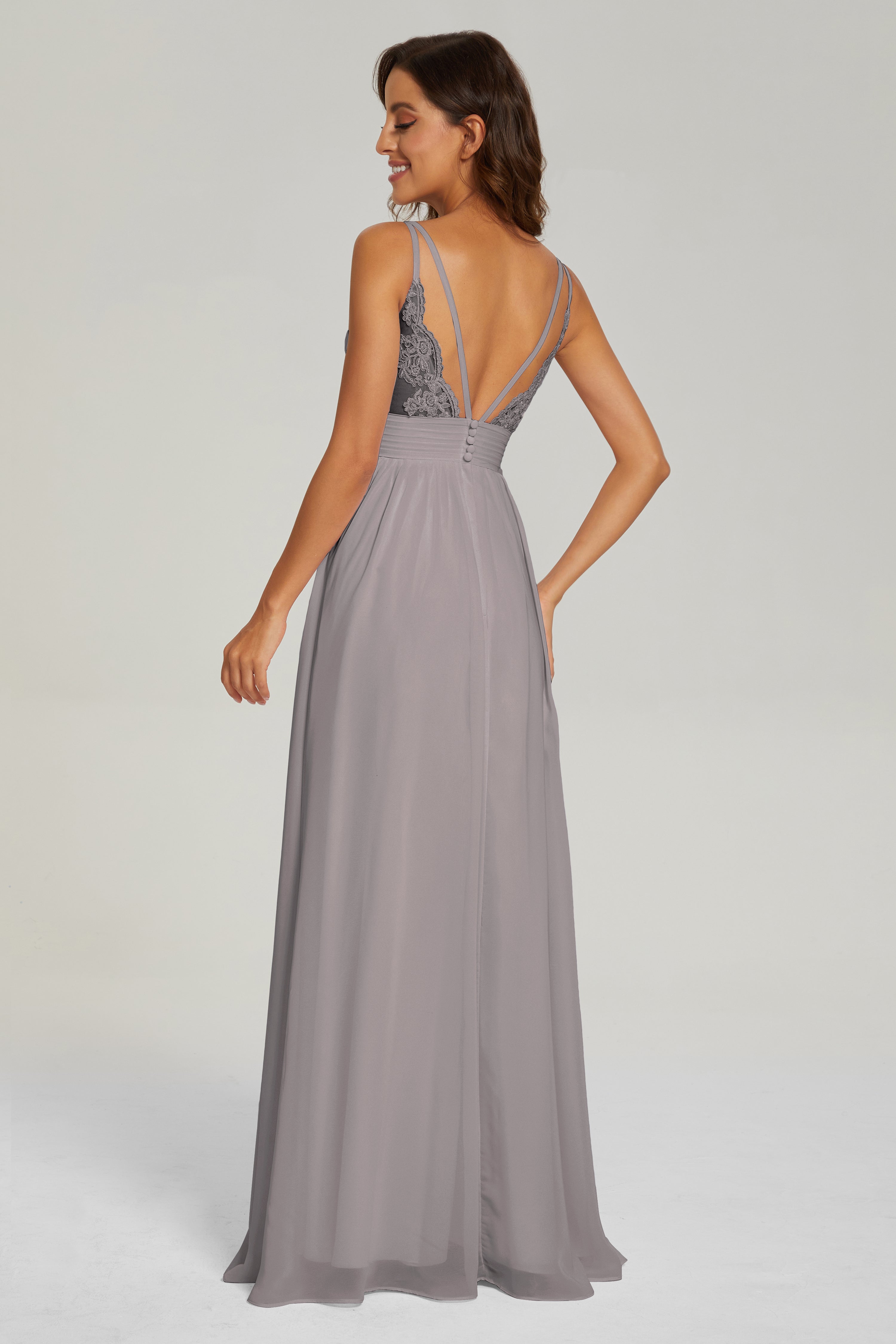 A-line V Neck Pleating Long Chiffon Prom Dresses