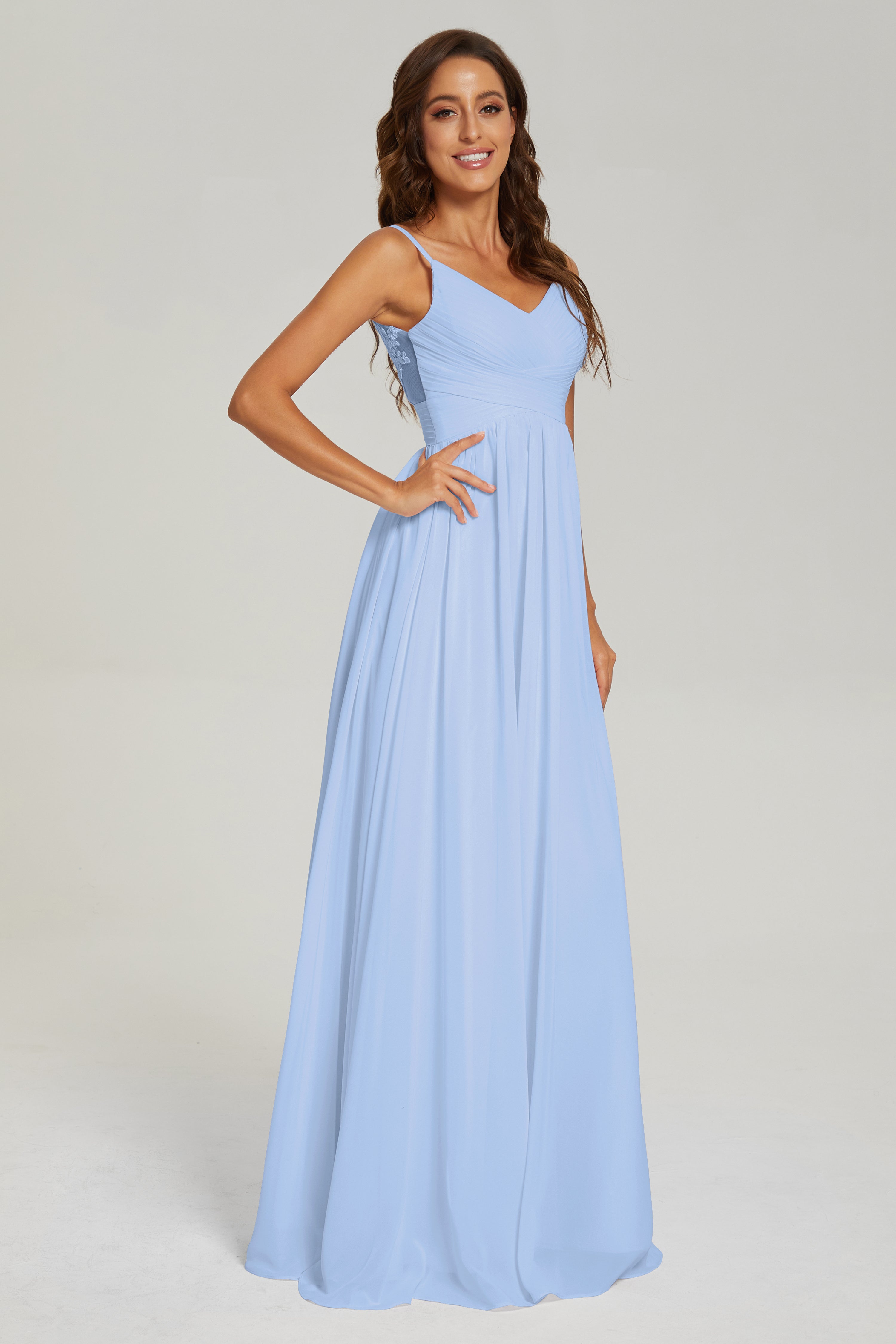 A-line V Neck Pleating Long Chiffon Prom Dresses