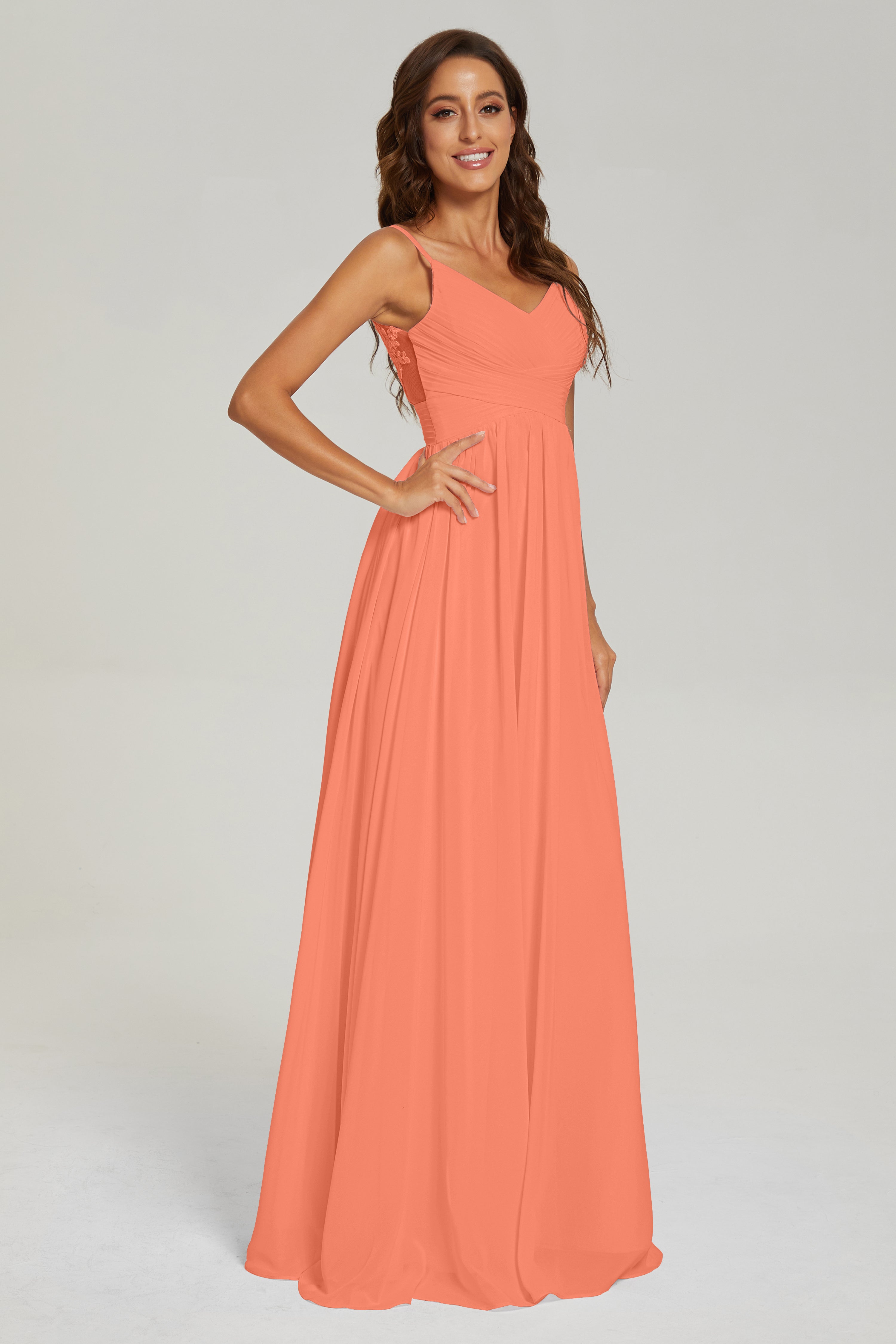 A-line V Neck Pleating Long Chiffon Prom Dresses