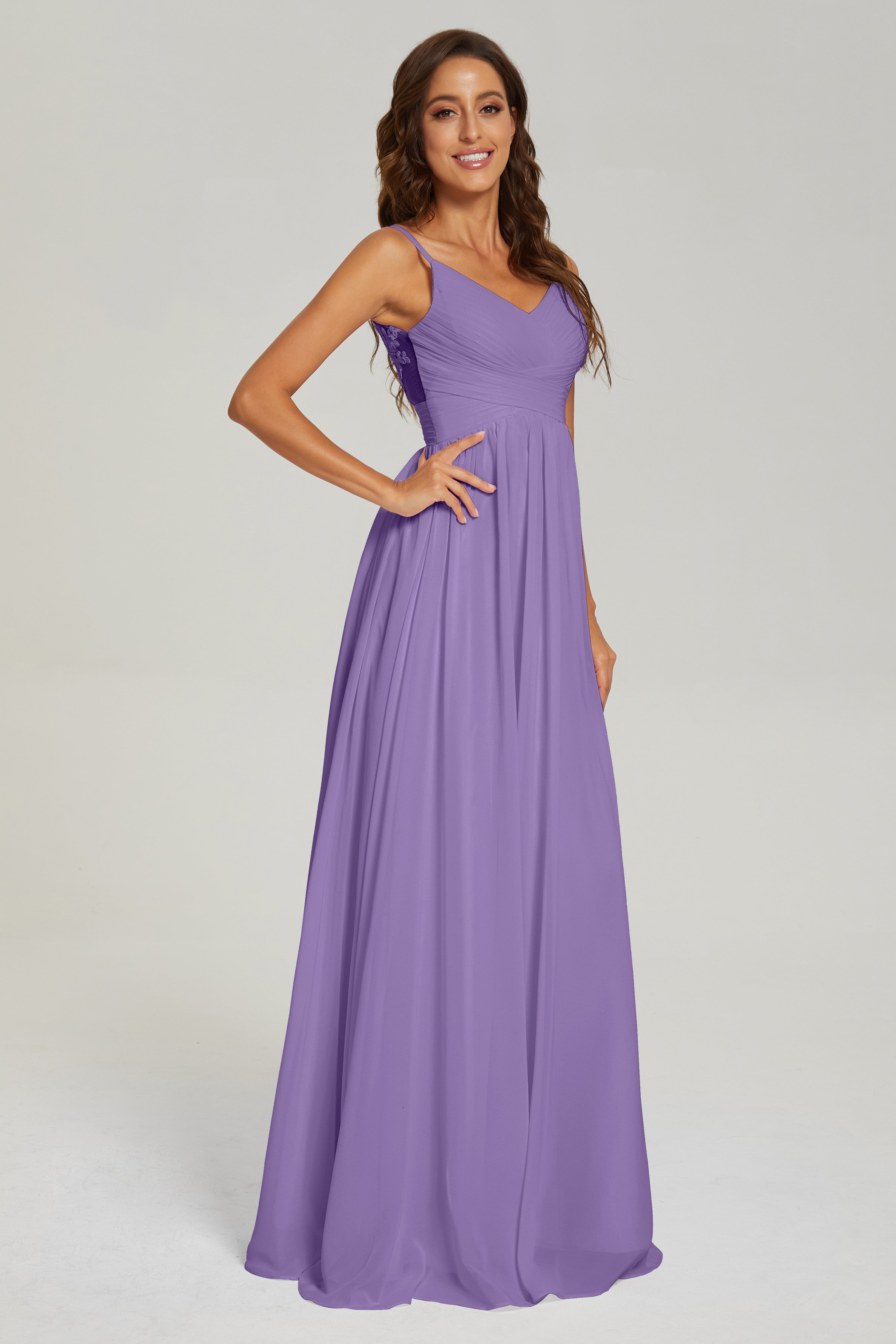 A-line V Neck Pleating Long Chiffon Prom Dresses