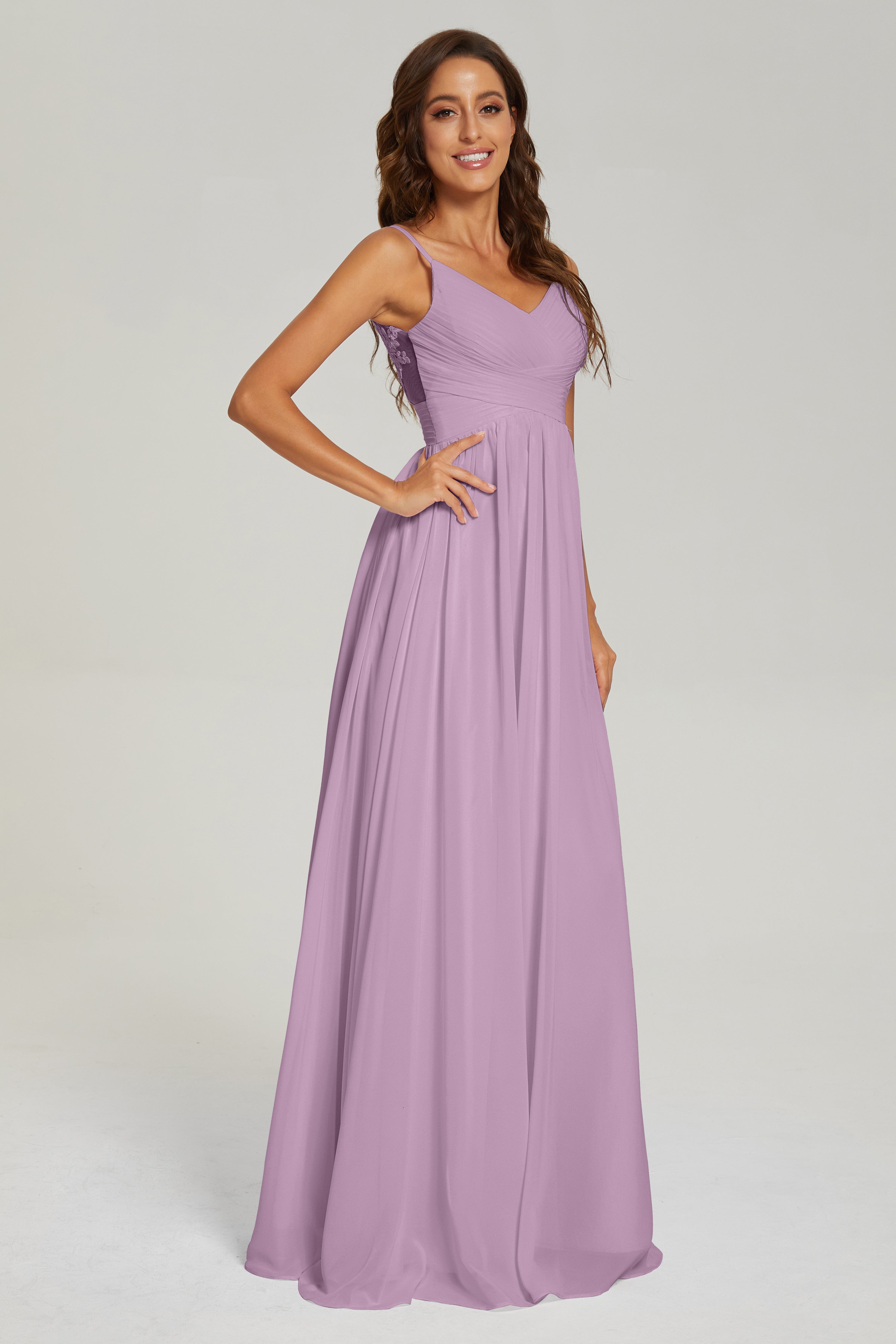 A-line V Neck Pleating Long Chiffon Prom Dresses