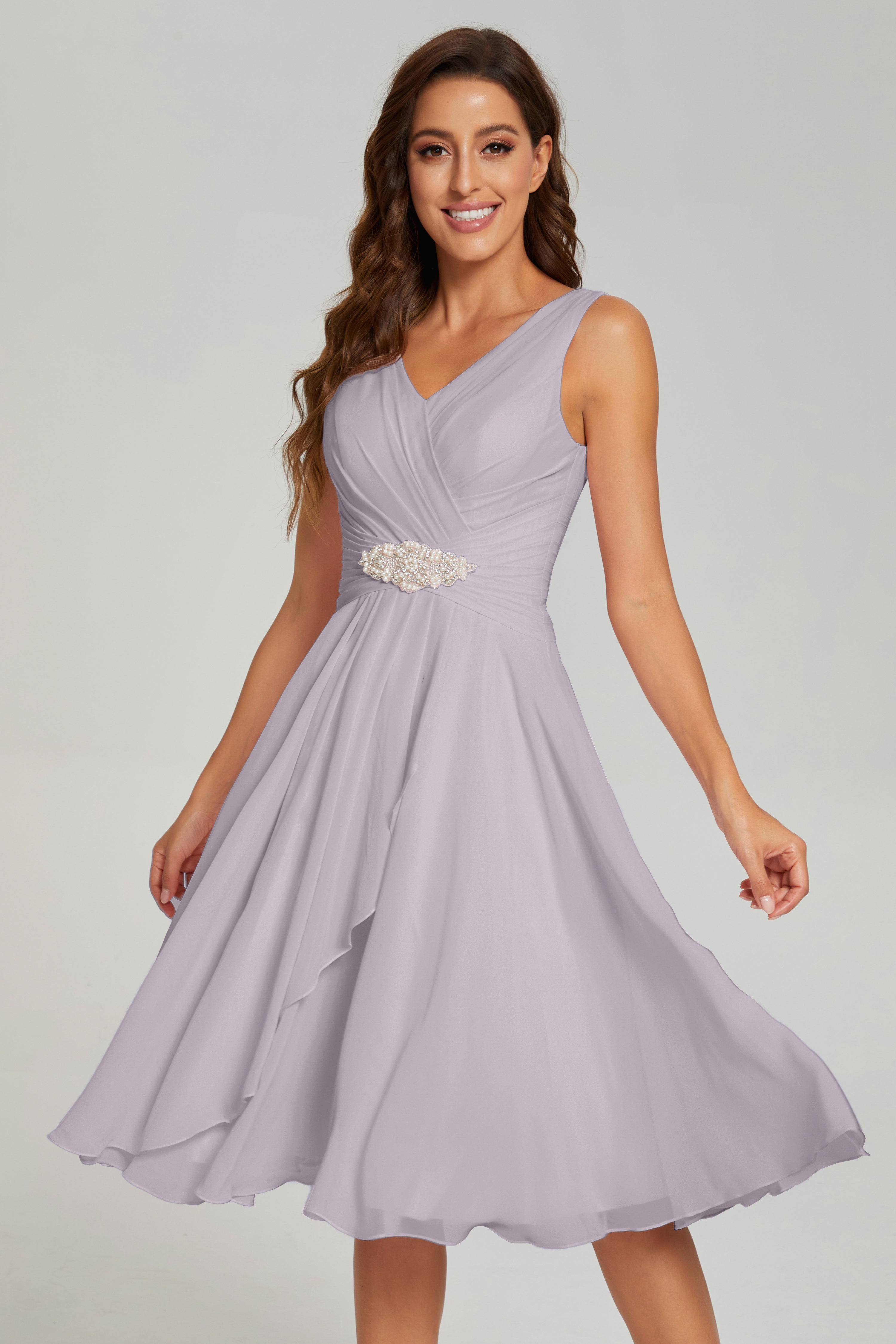 Asymmetrical Knee Length V neck Chiffon Prom Dresses