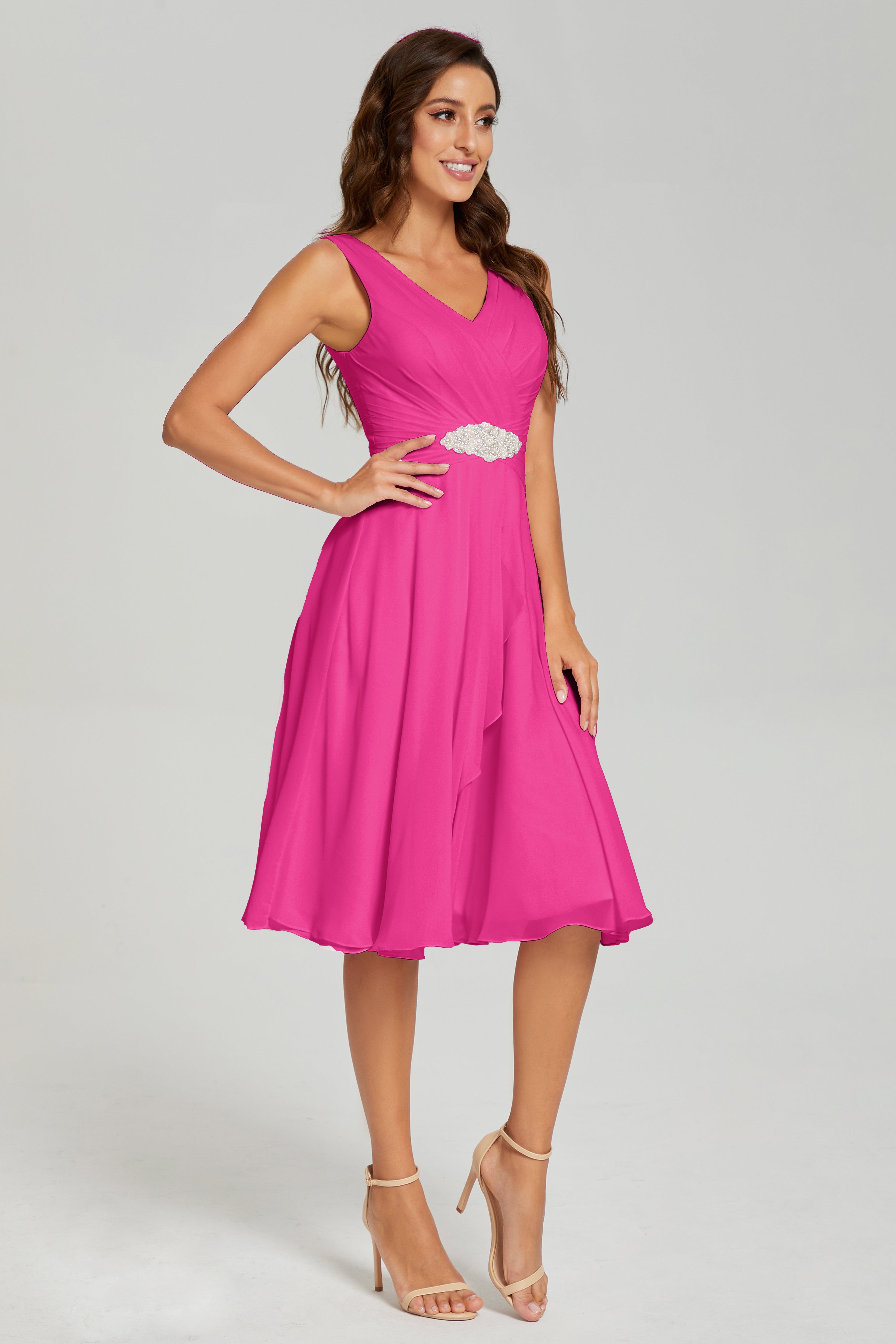 Asymmetrical Knee Length V-neck Chiffon Prom Dresses