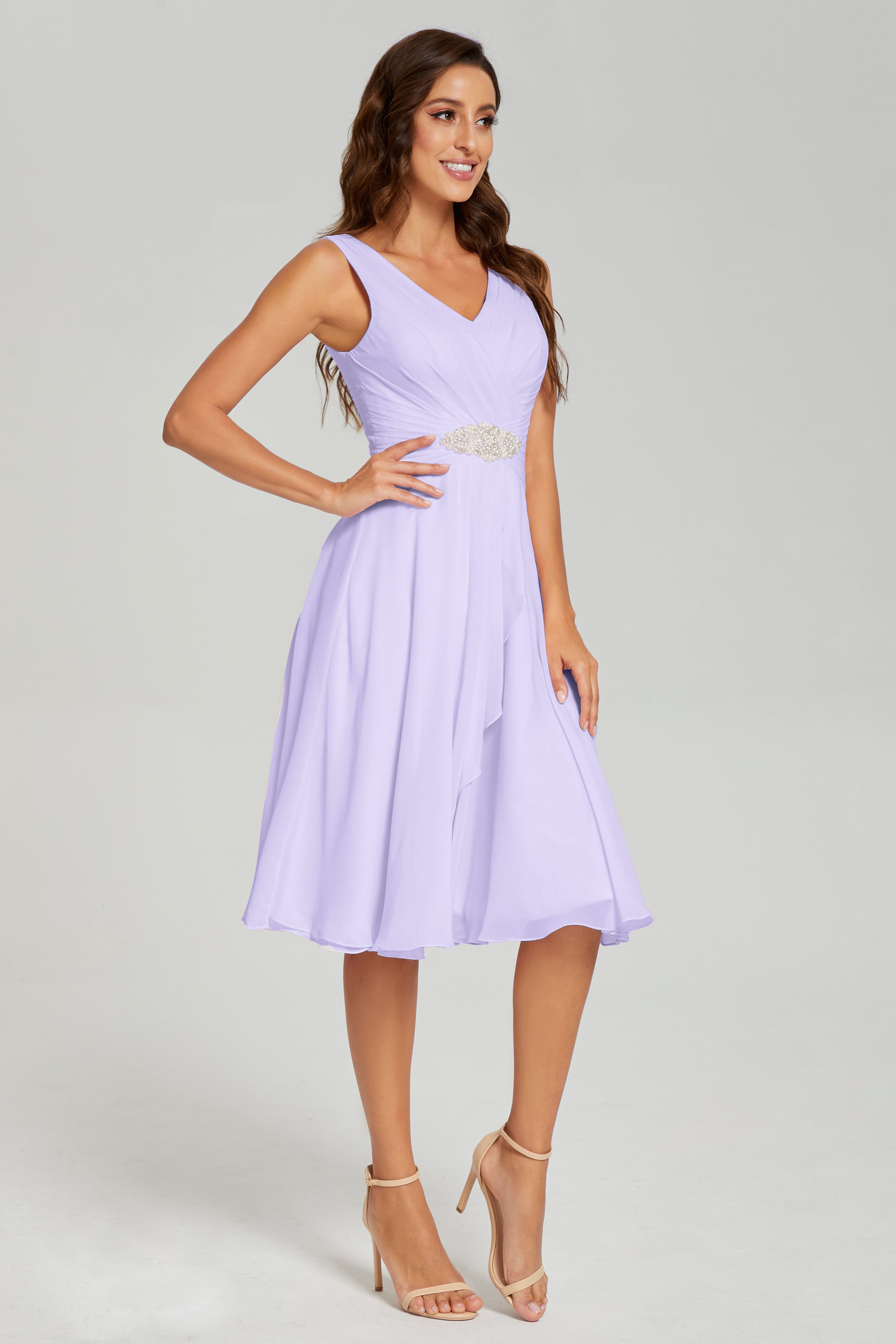 Asymmetrical Knee Length V-neck Chiffon Prom Dresses