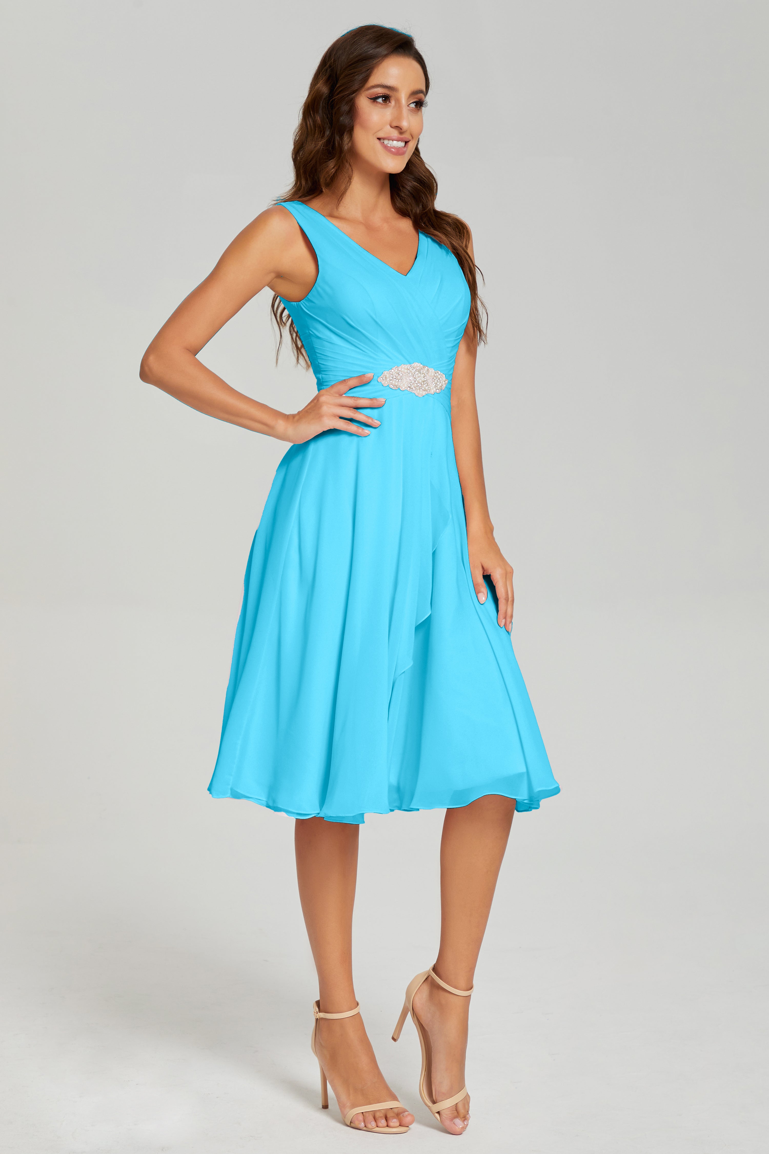 Asymmetrical Knee Length V-neck Chiffon Prom Dresses