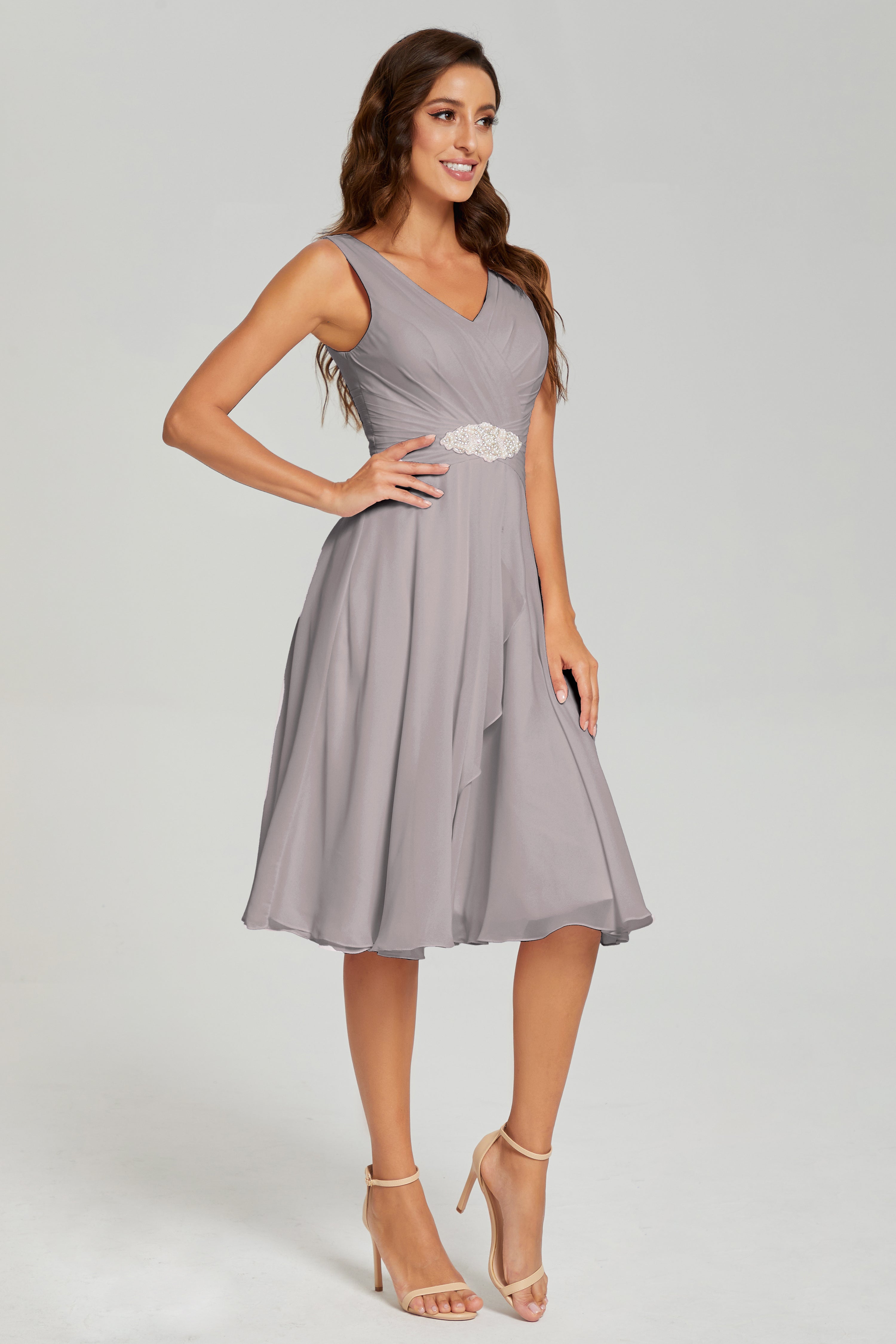 Asymmetrical Knee Length V-neck Chiffon Prom Dresses