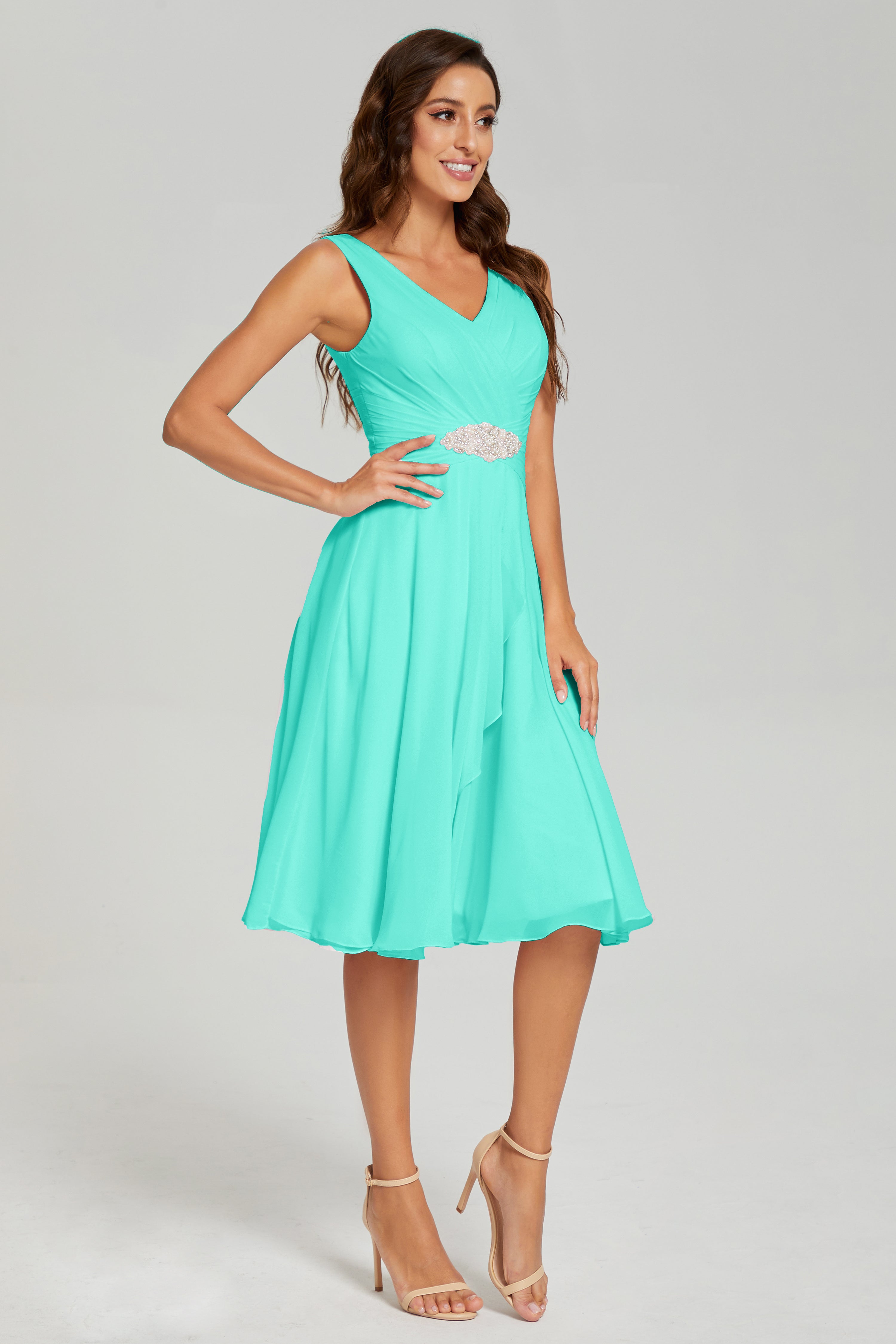 Asymmetrical Knee Length V-neck Chiffon Prom Dresses