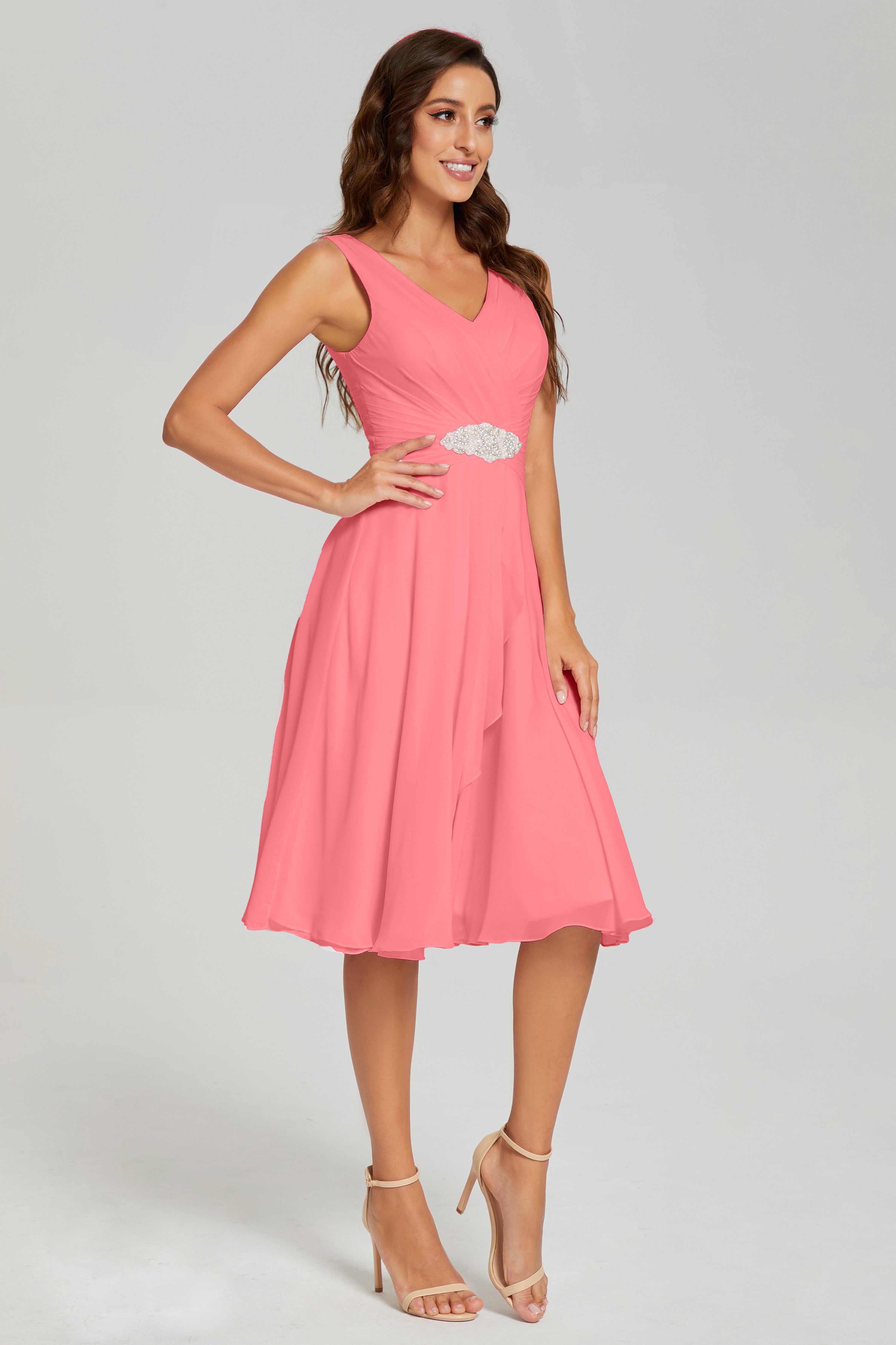 Asymmetrical Knee Length V-neck Chiffon Prom Dresses