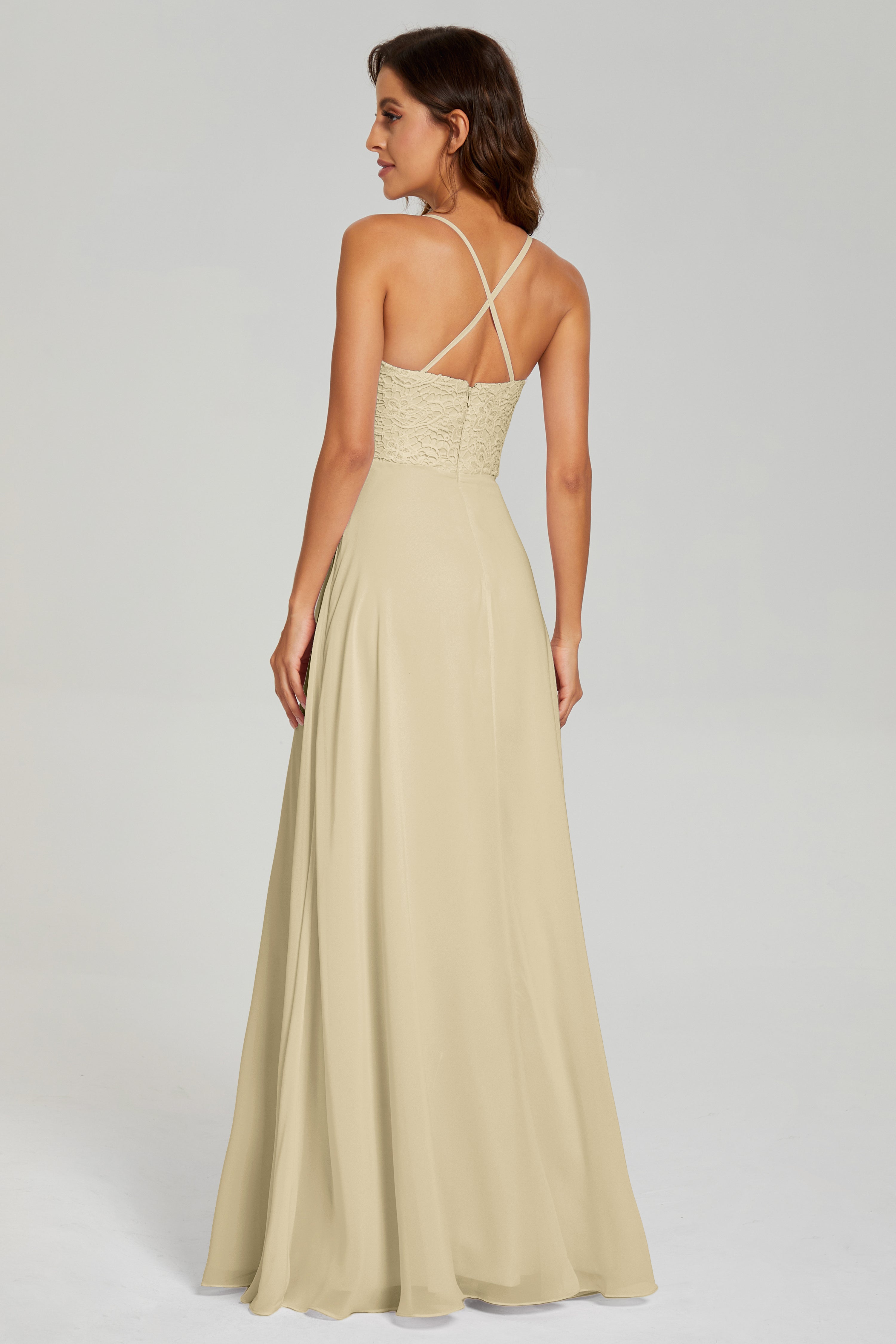 Backless Spaghetti Straps Lace Prom Dresses