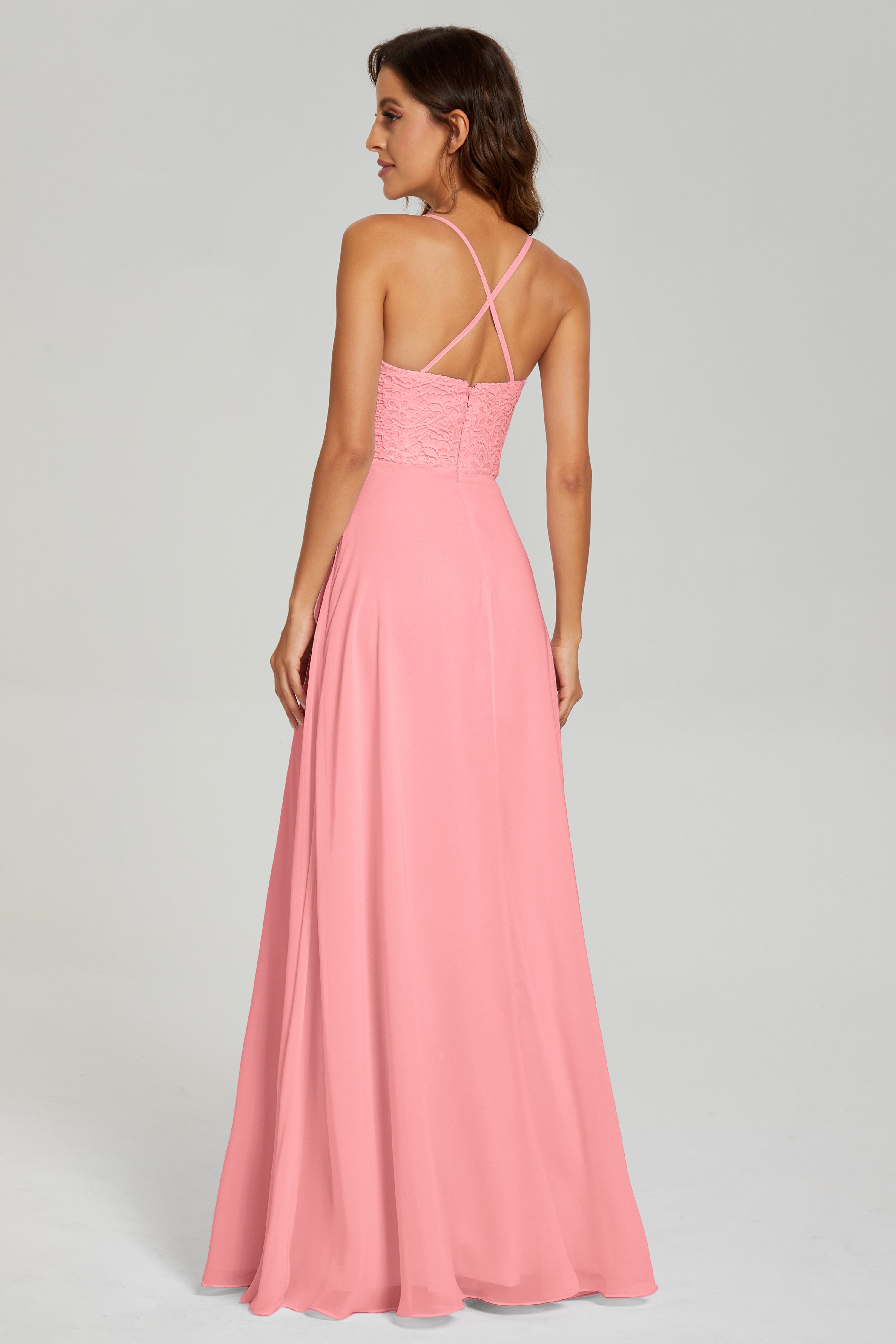 Backless Spaghetti Straps Lace Prom Dresses