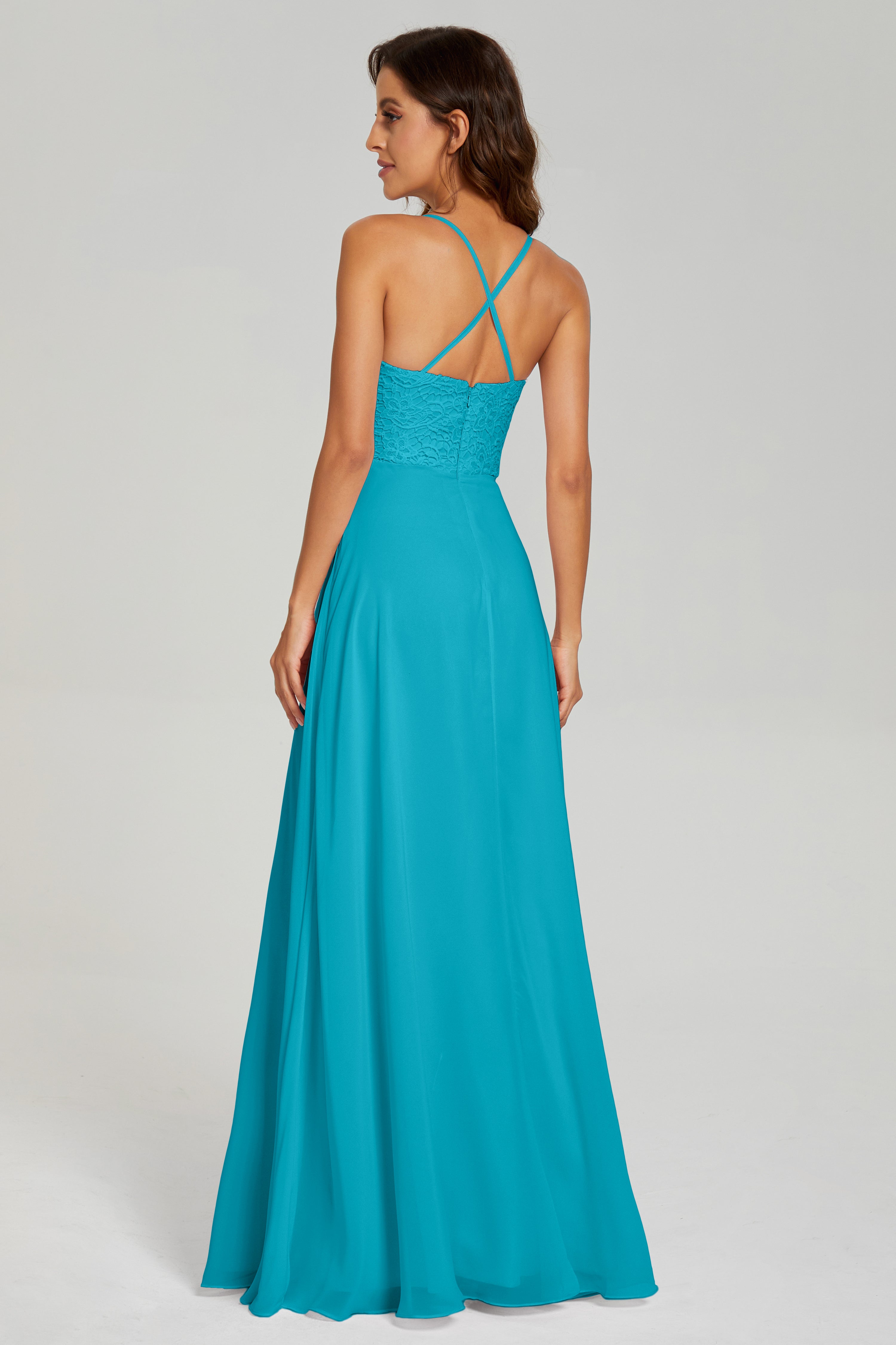 Backless Spaghetti Straps Lace Prom Dresses