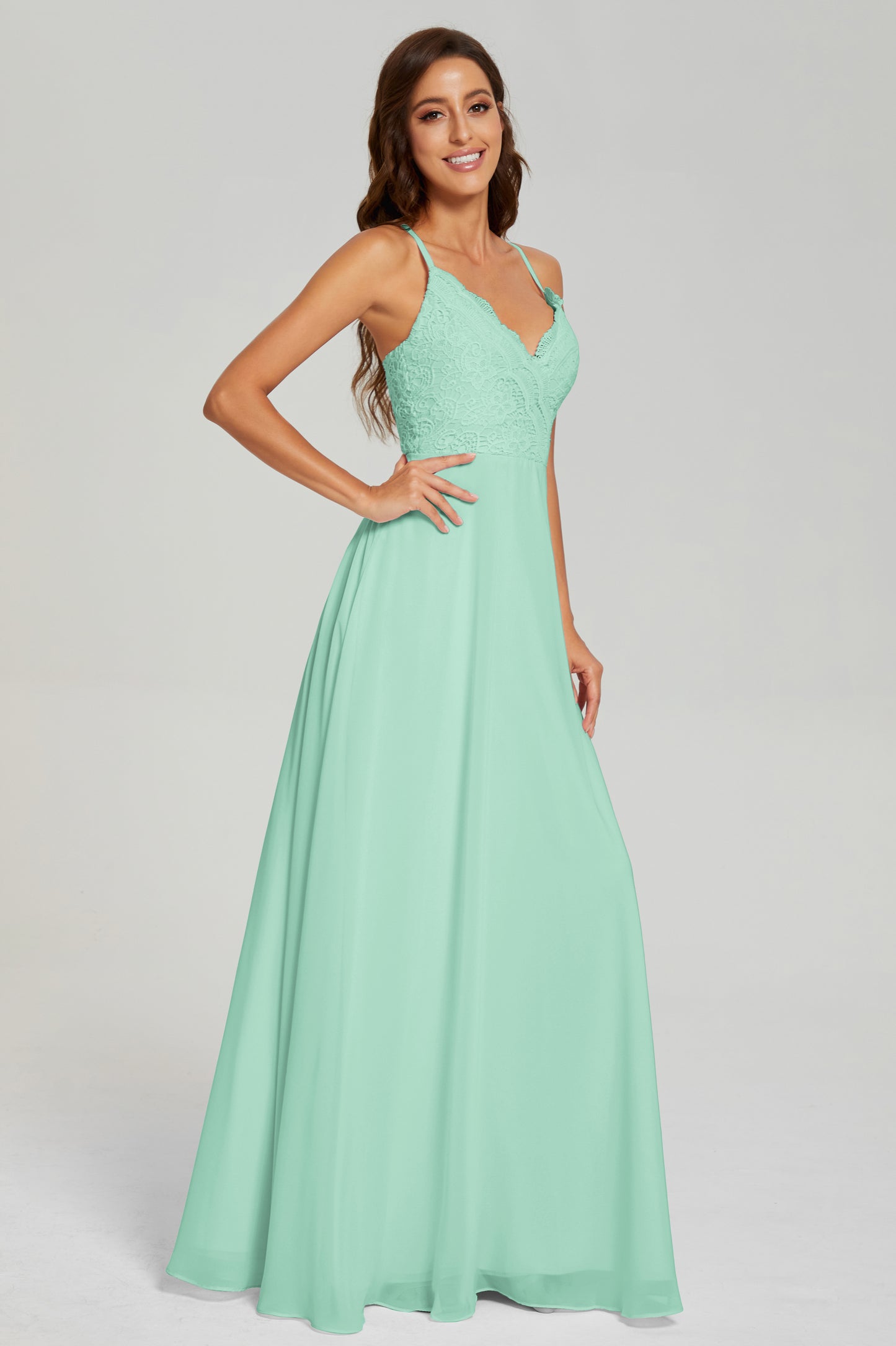 Backless Spaghetti Straps Lace Prom Dresses