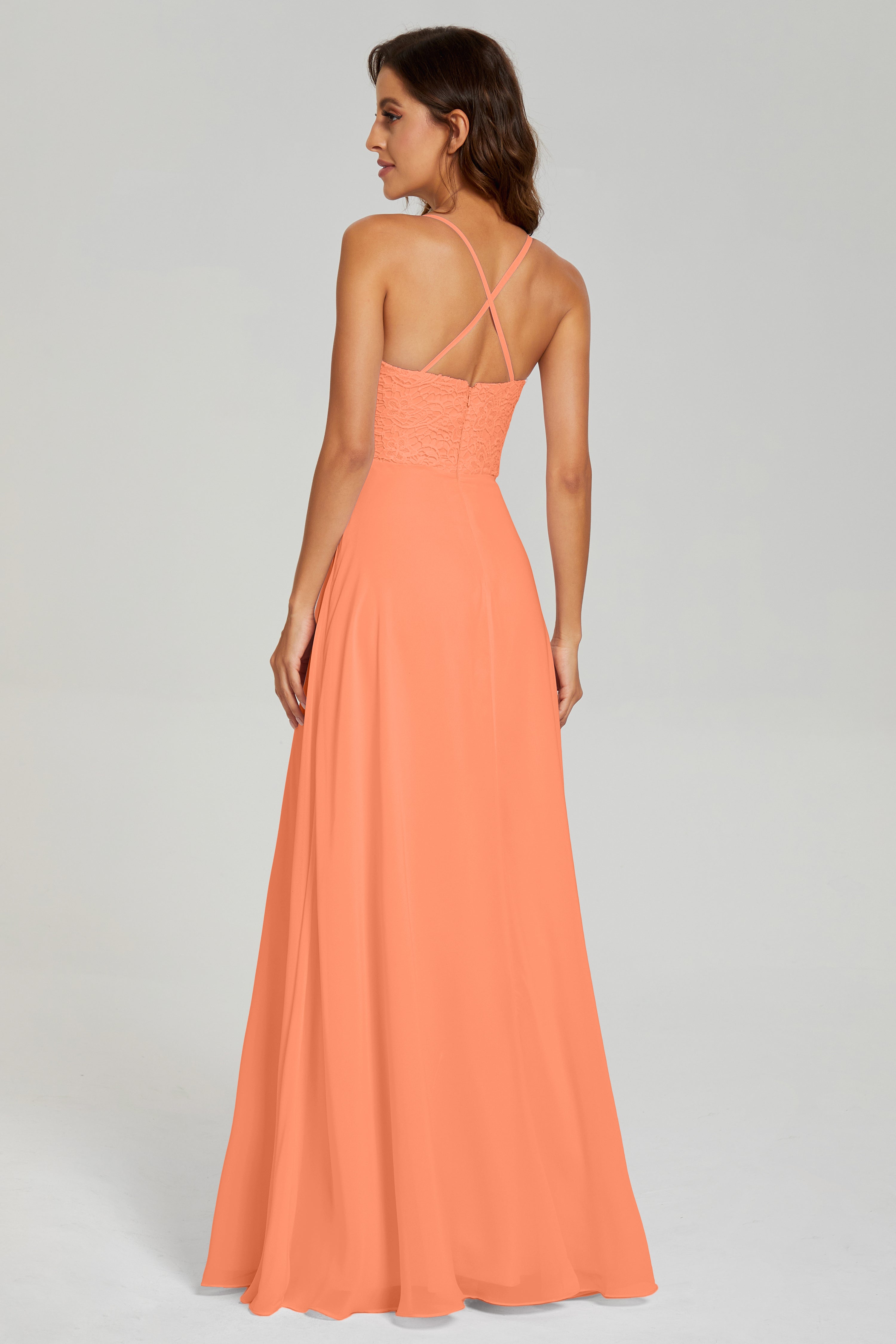 Backless Spaghetti Straps Lace Prom Dresses