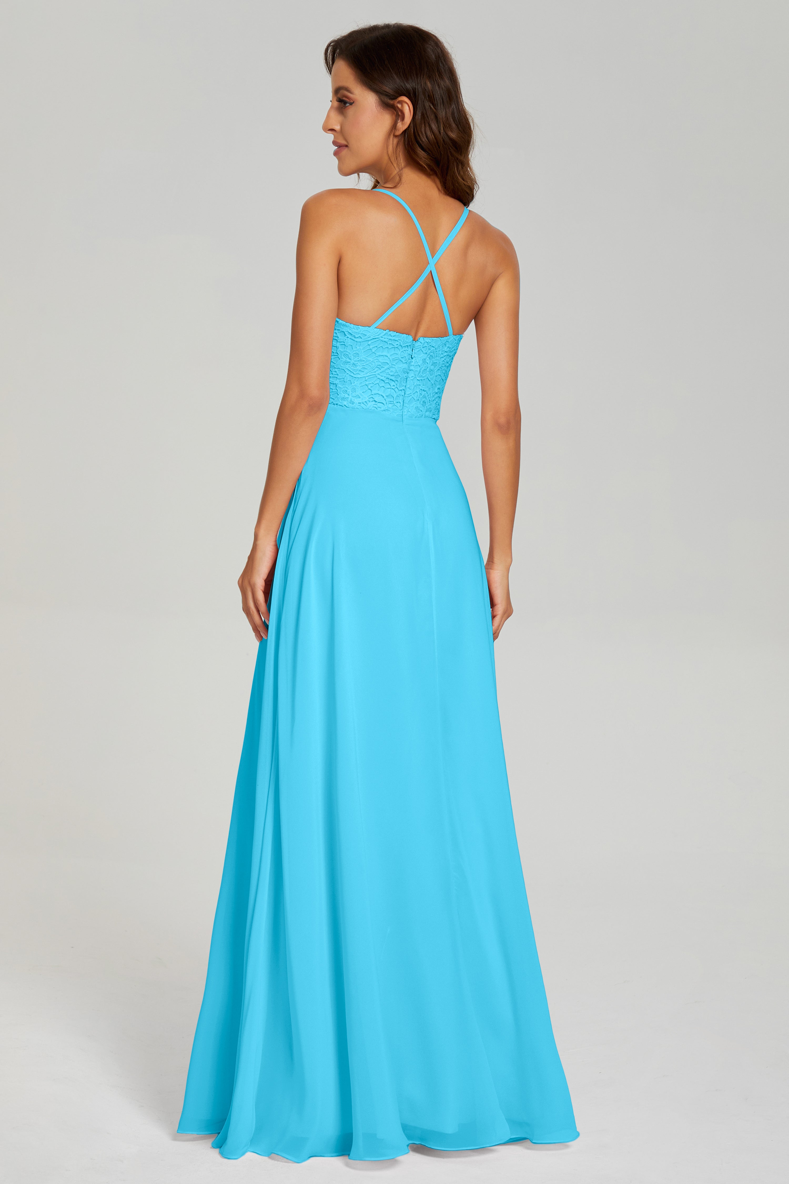 Backless Spaghetti Straps Lace Prom Dresses