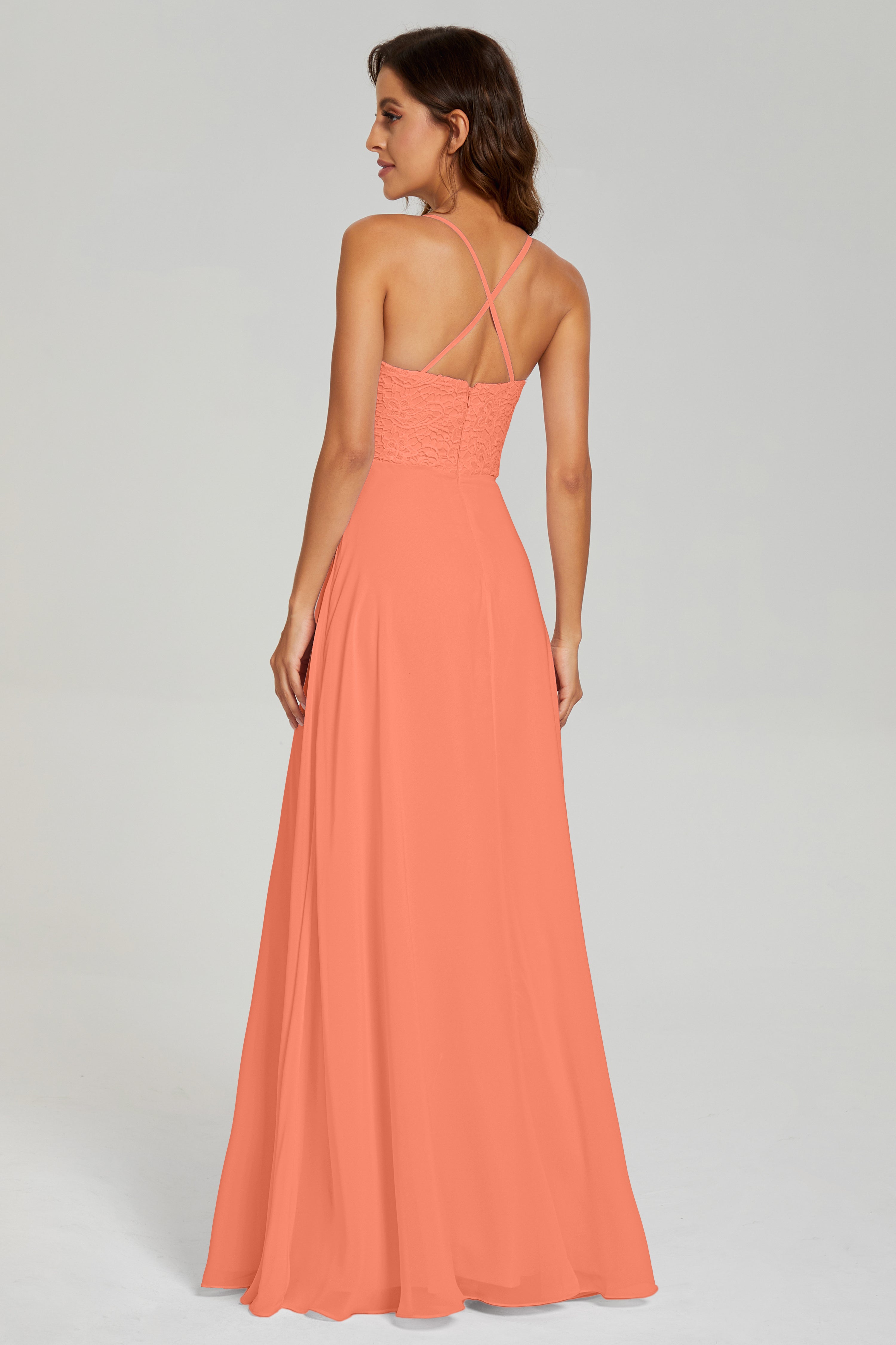 Backless Spaghetti Straps Lace Prom Dresses