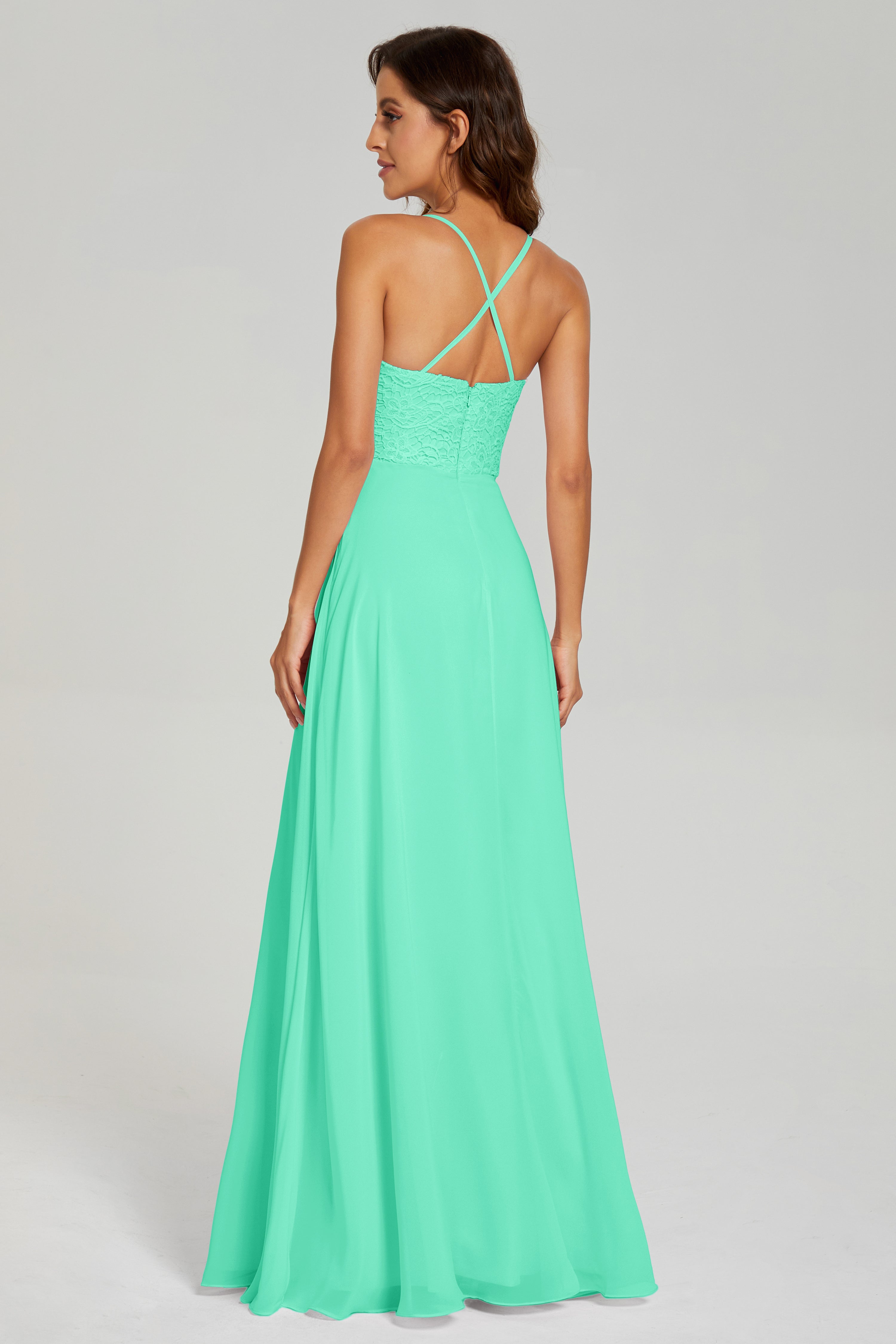 Backless Spaghetti Straps Lace Prom Dresses