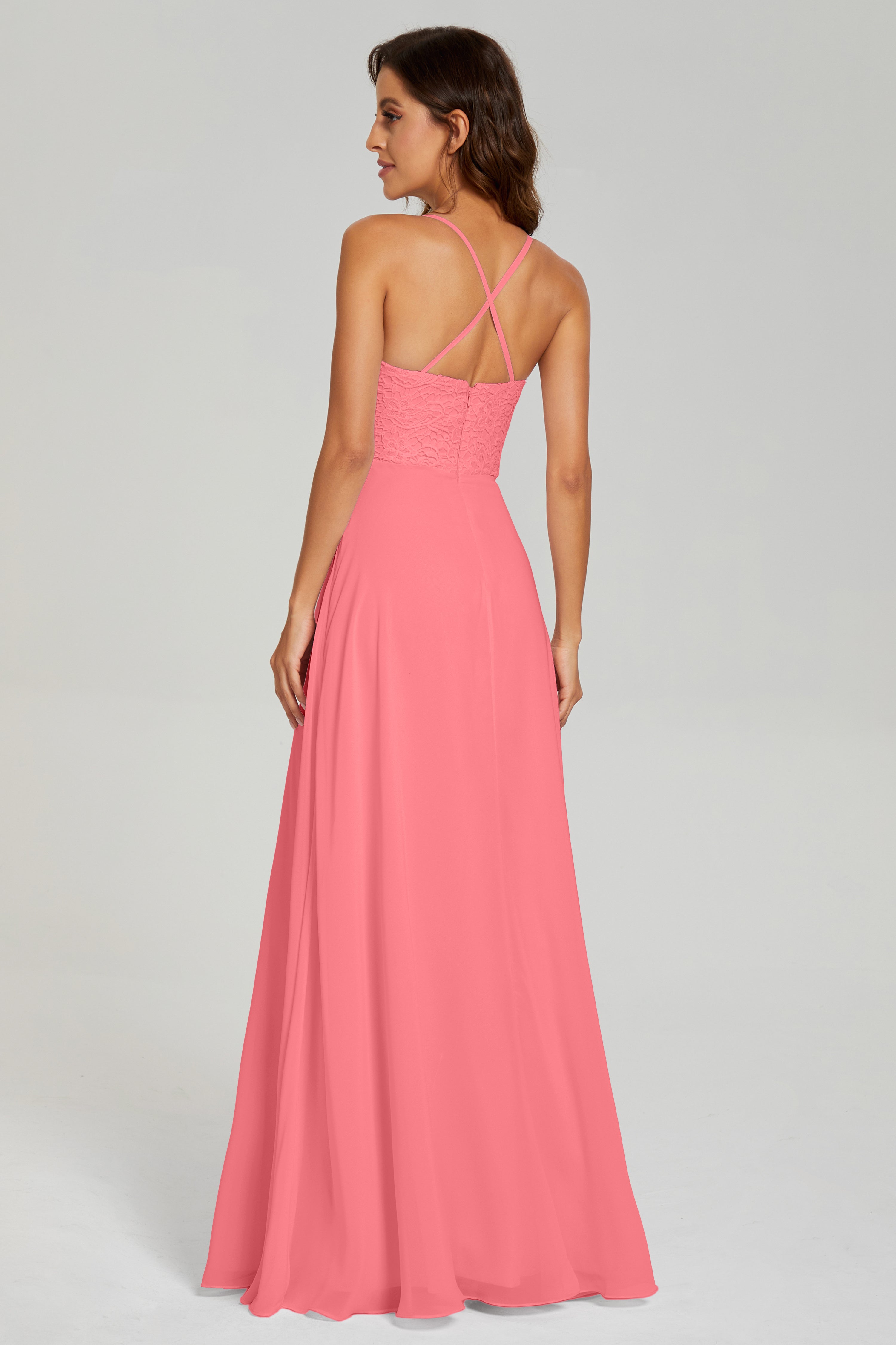 Backless Spaghetti Straps Lace Prom Dresses