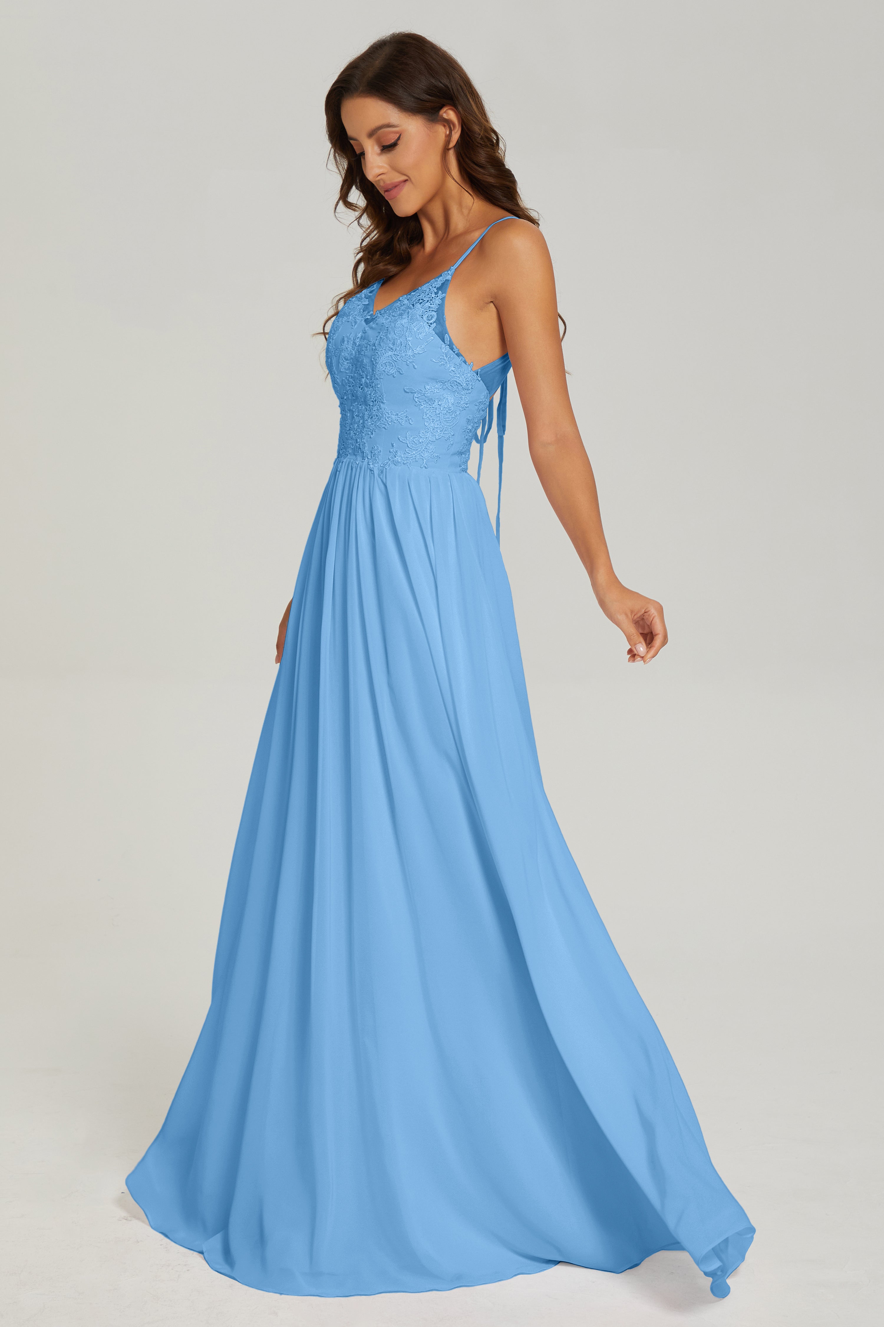 Floor Legnth Spaghetti Straps Lace Prom Dresses