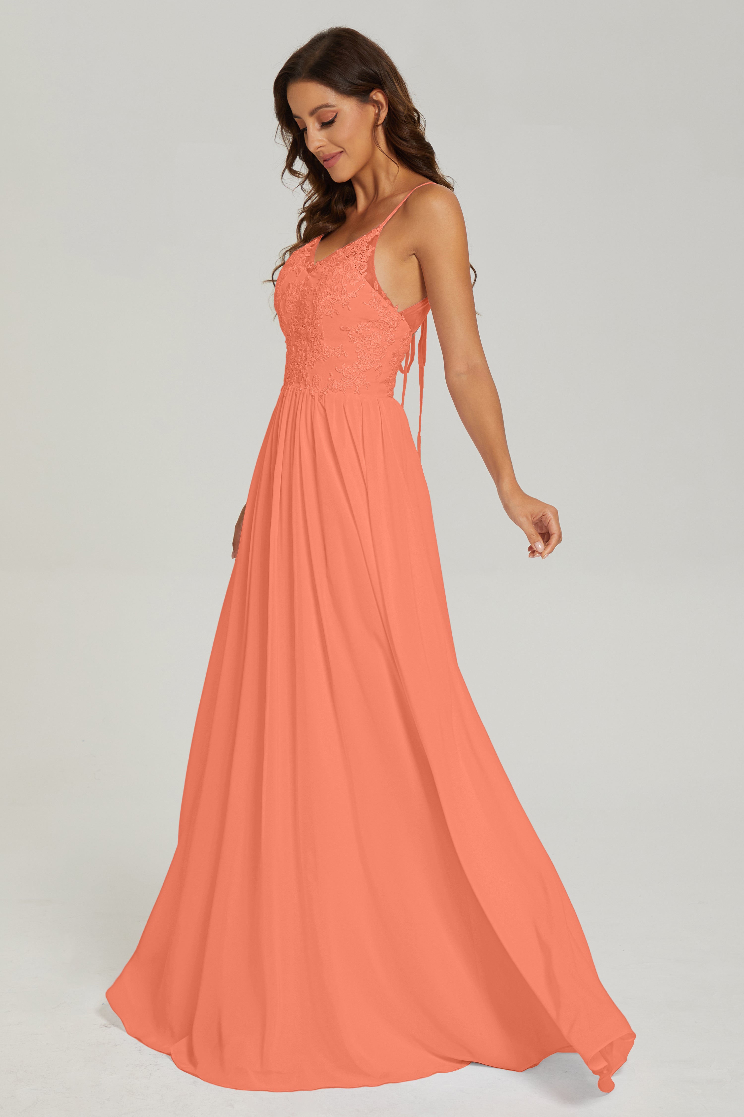 Floor Legnth Spaghetti Straps Lace Prom Dresses