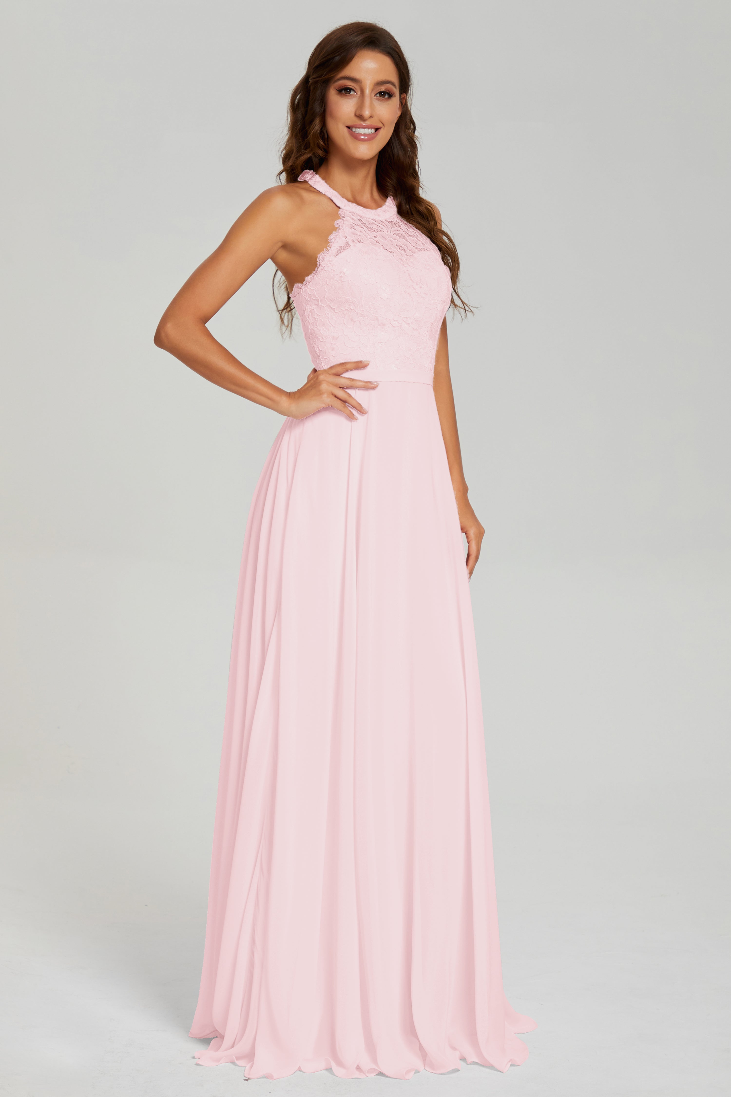 Halter A-line Lace Prom Dresses