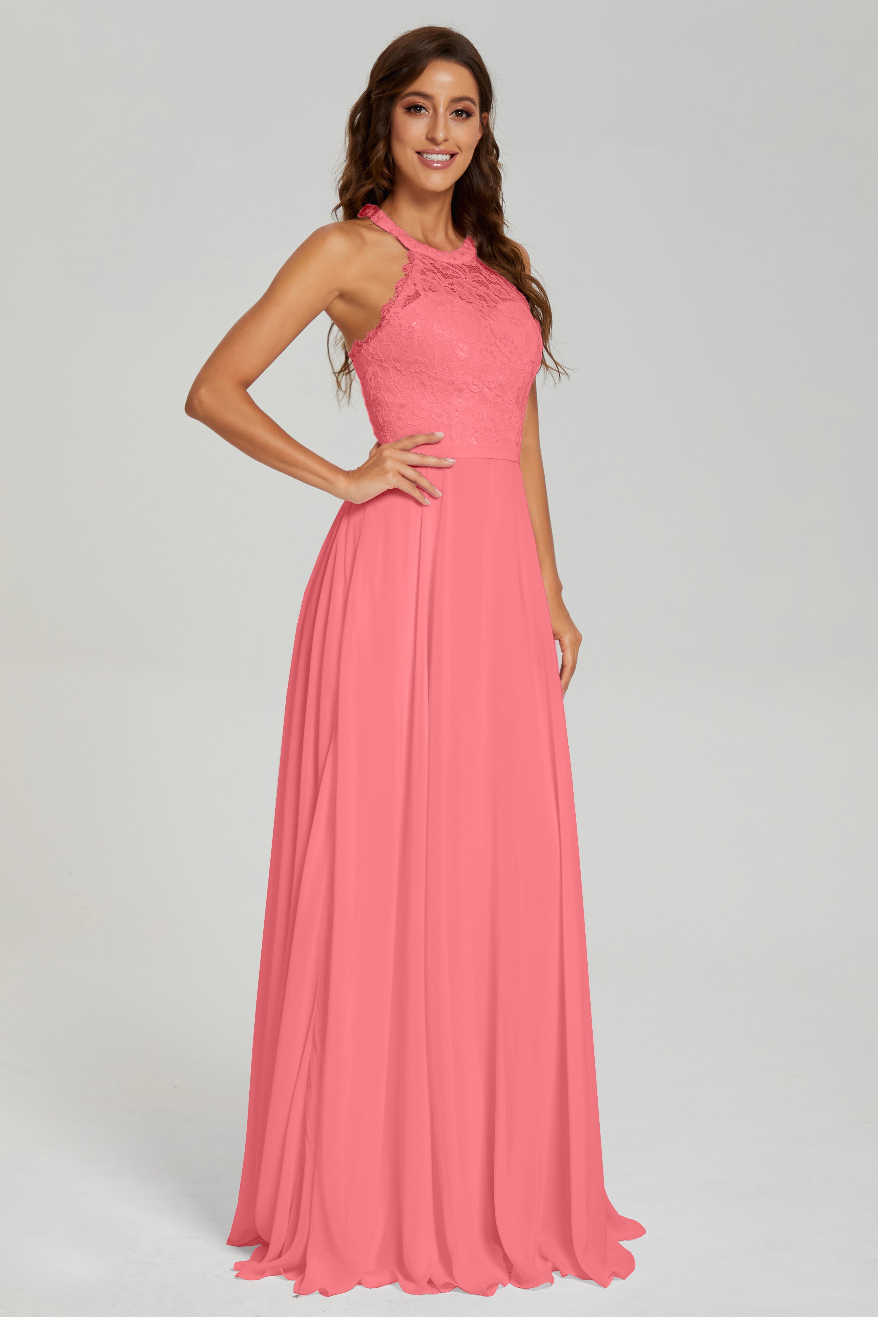 Halter A-line Lace Prom Dresses