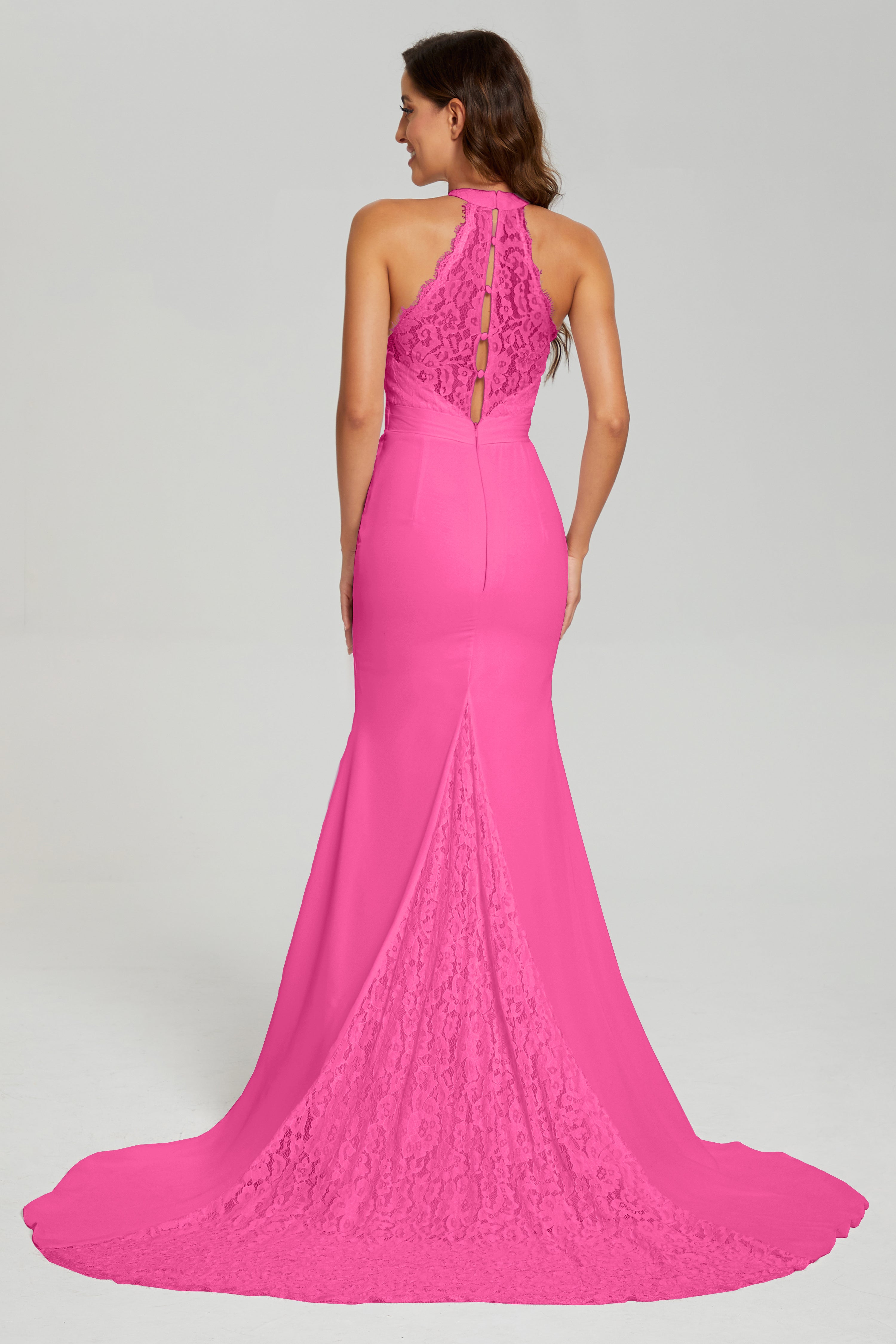 Halter Mermaid Lace Prom Dresses with Trailing