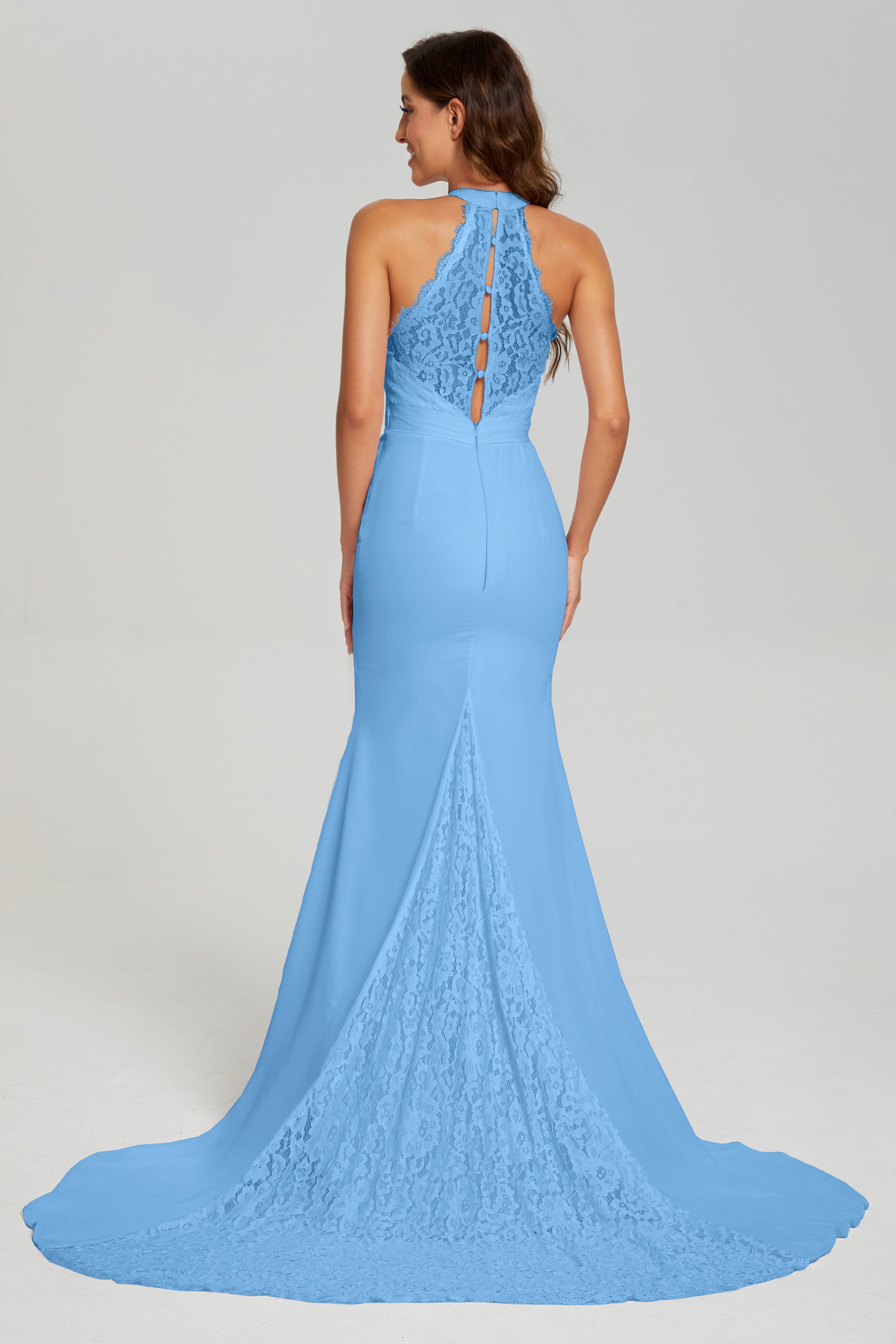 Halter Mermaid Lace Prom Dresses with Trailing