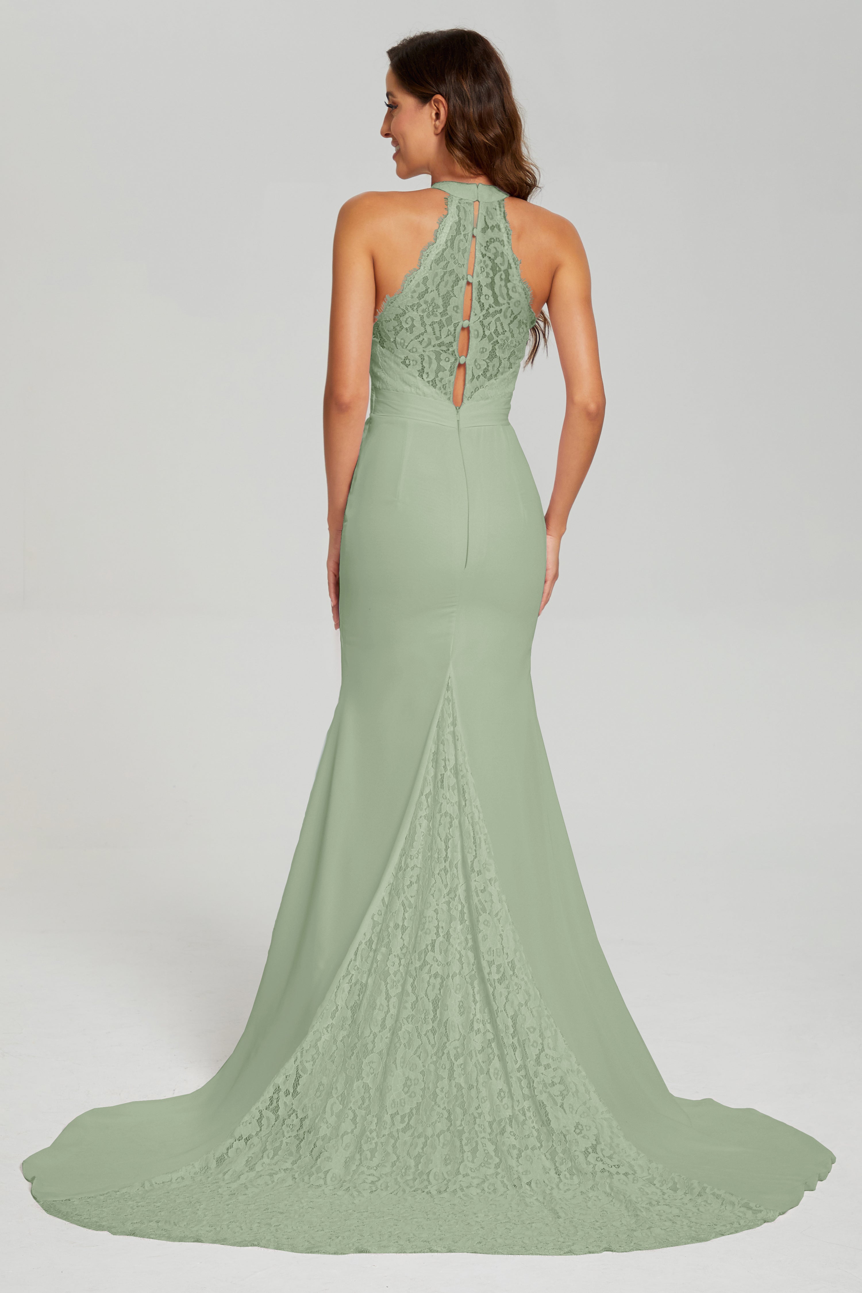 Halter Mermaid Lace Prom Dresses with Trailing