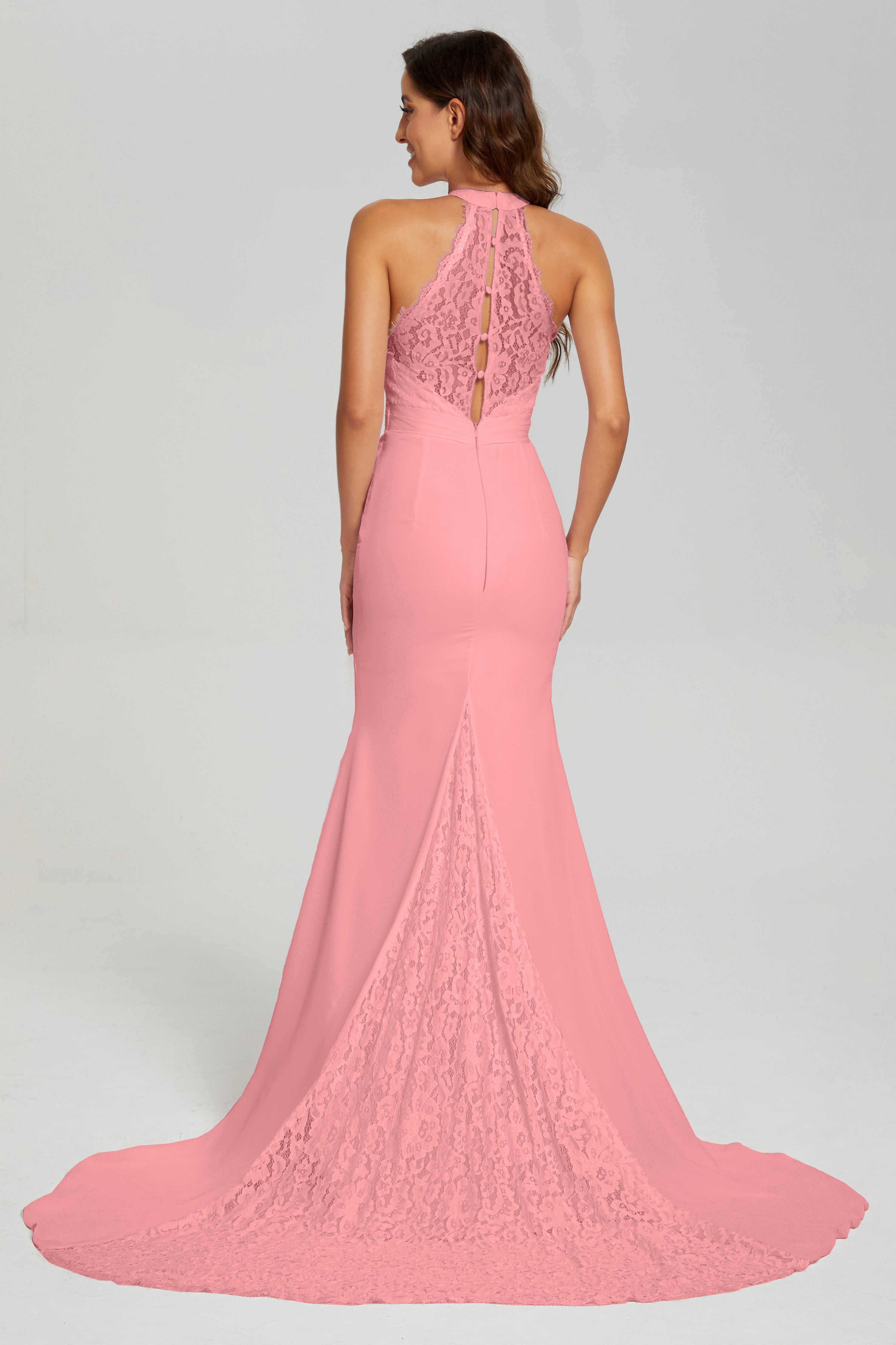 Halter Mermaid Lace Prom Dresses with Trailing