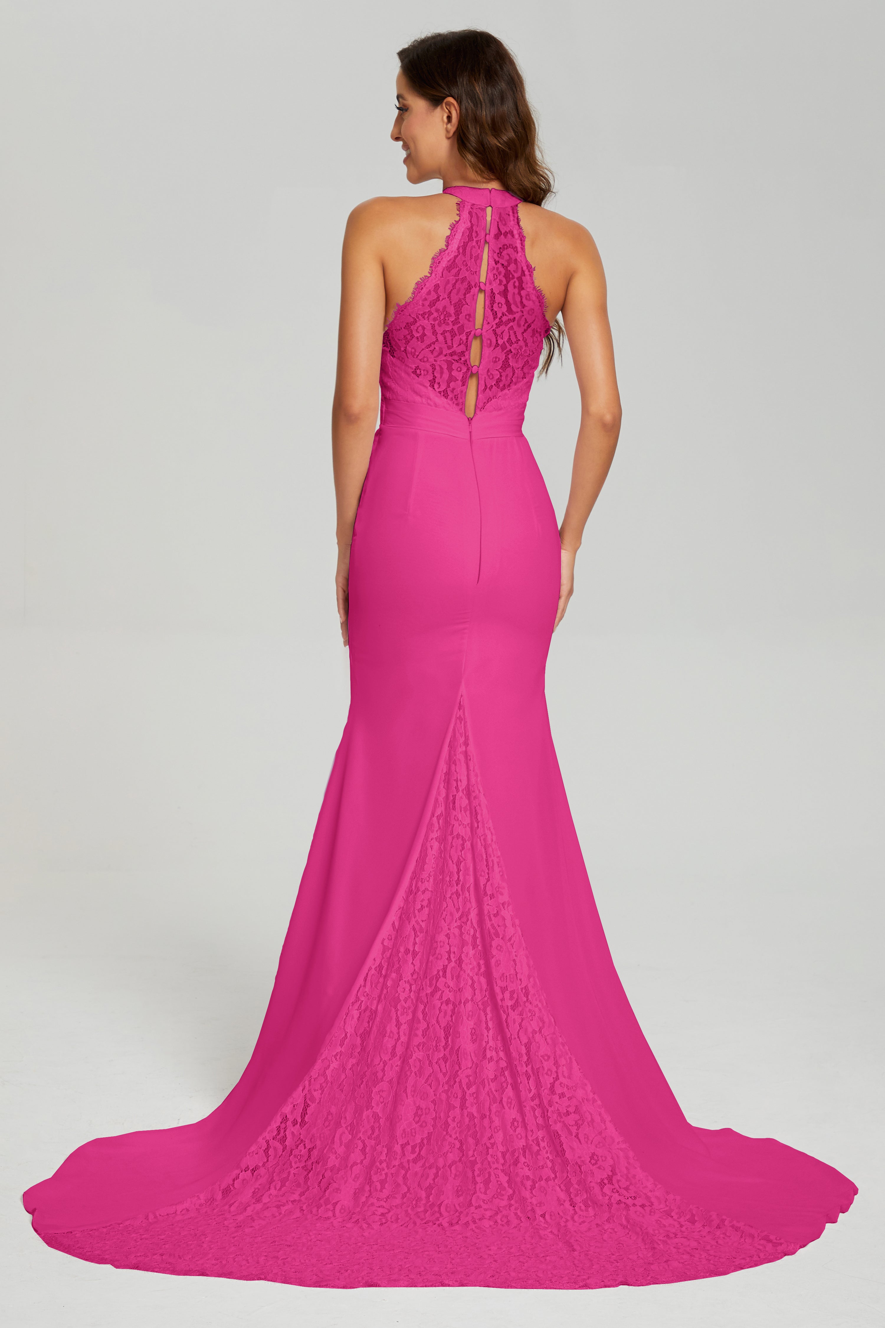 Halter Mermaid Lace Prom Dresses with Trailing