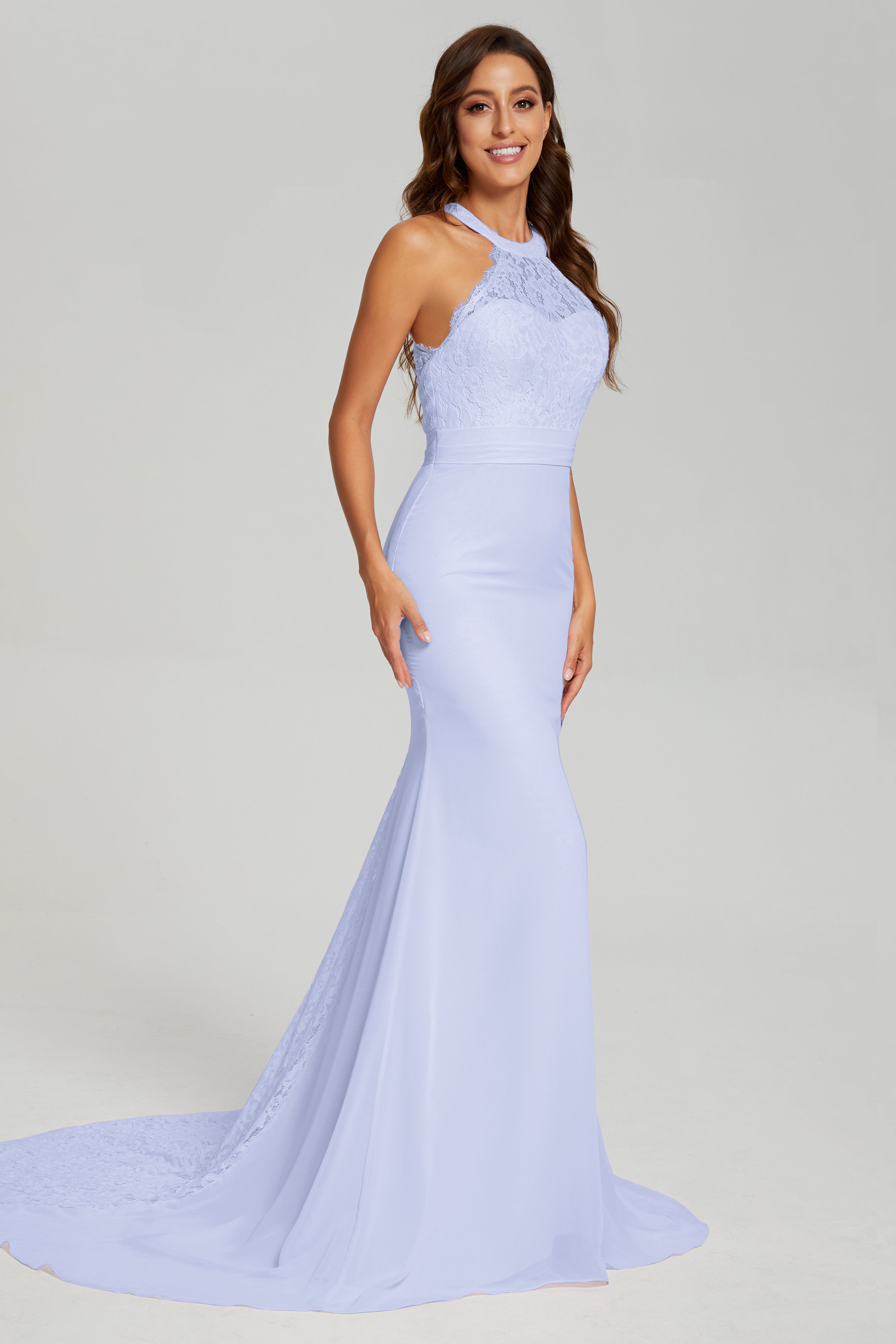 Halter Mermaid Lace Prom Dresses with Trailing