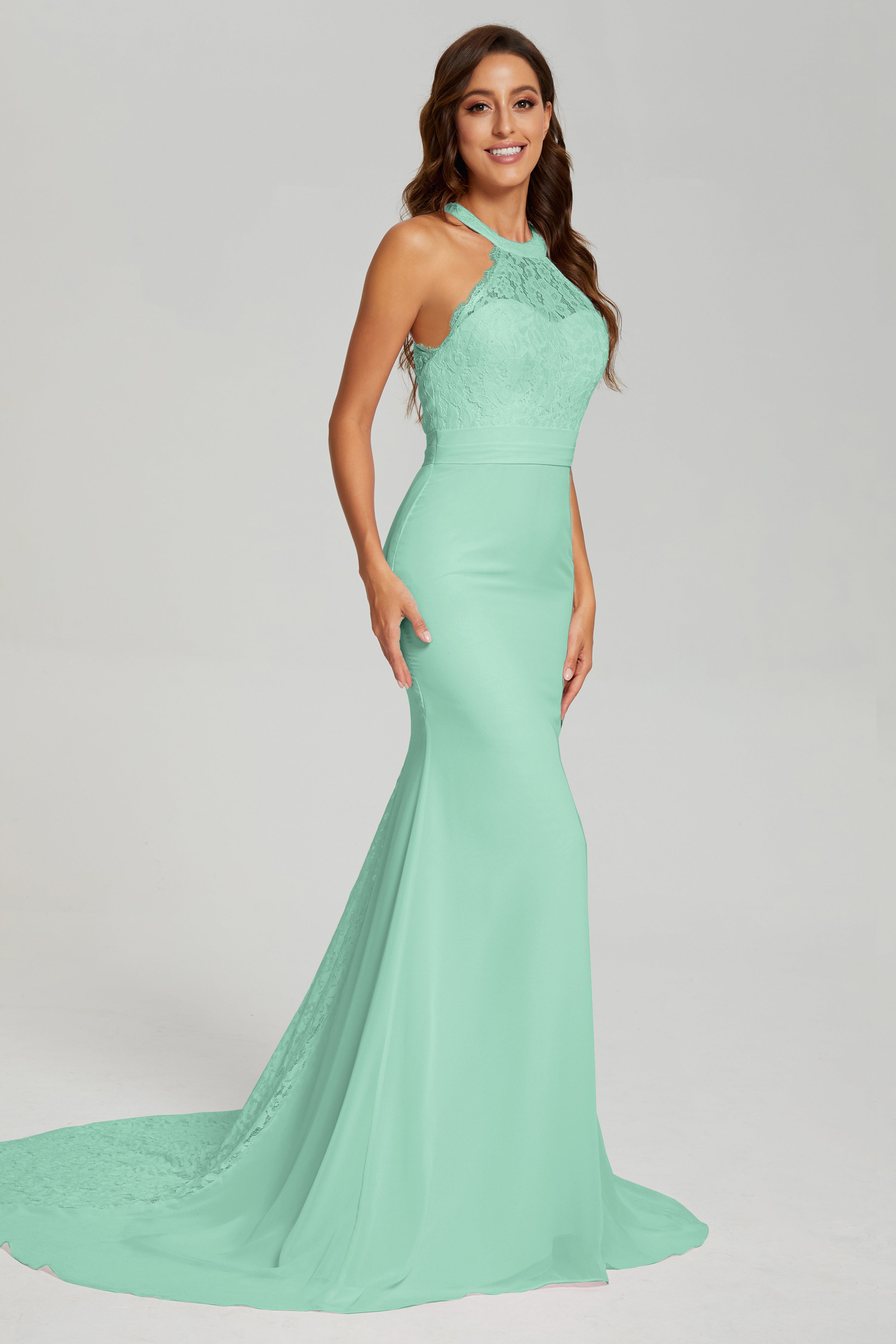 Halter Mermaid Lace Prom Dresses with Trailing