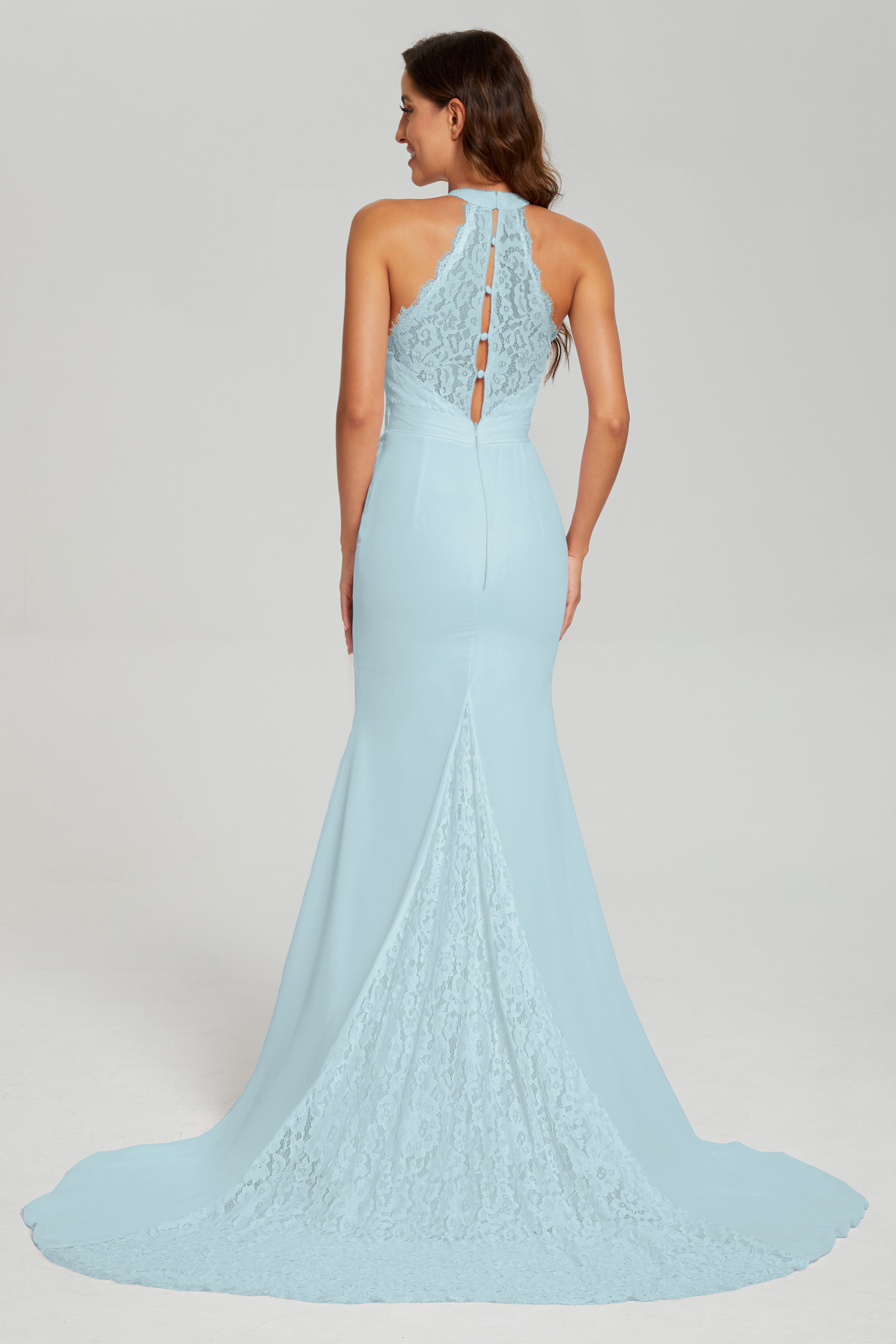 Halter Mermaid Lace Prom Dresses with Trailing