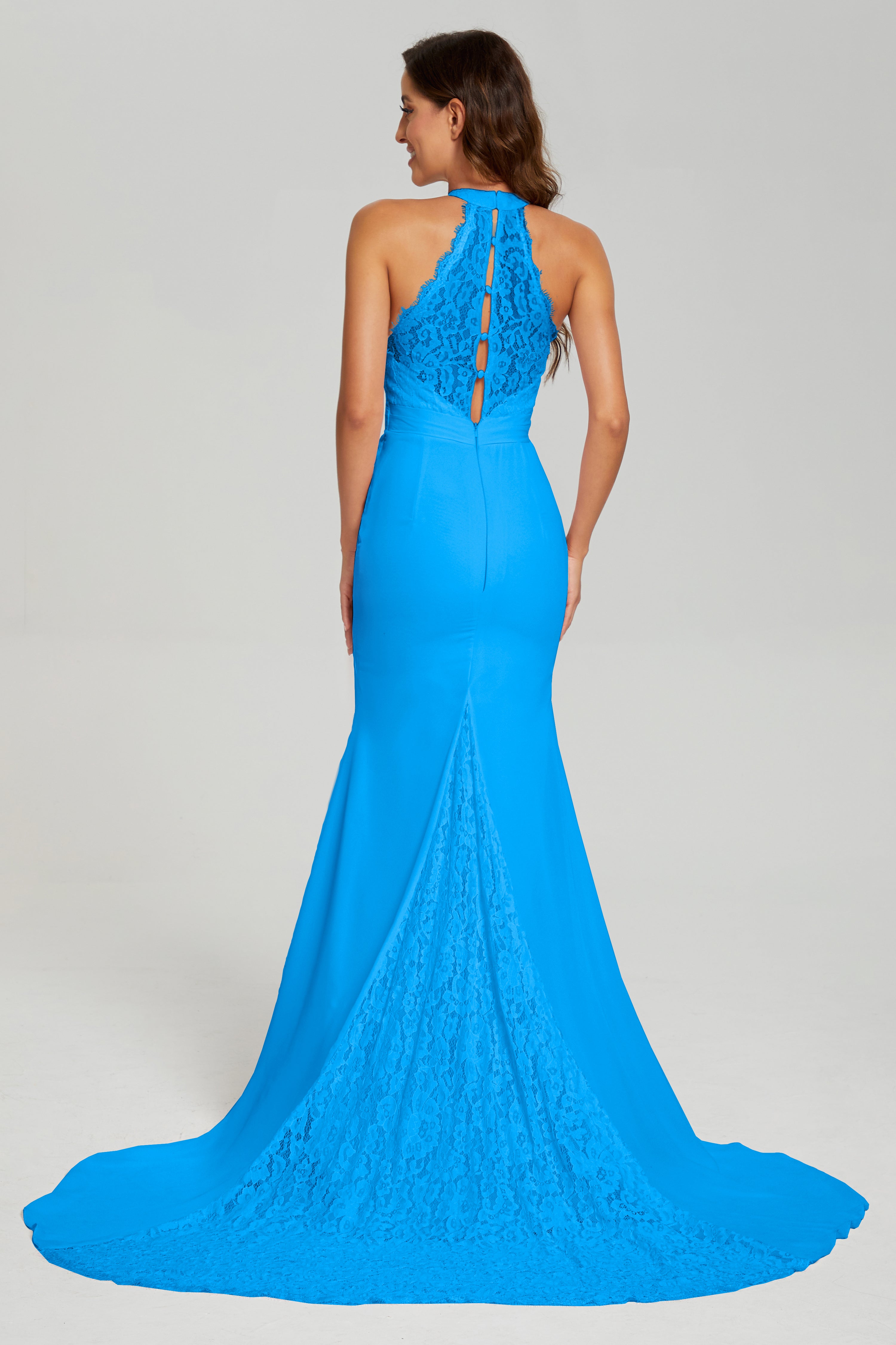 Halter Mermaid Lace Prom Dresses with Trailing