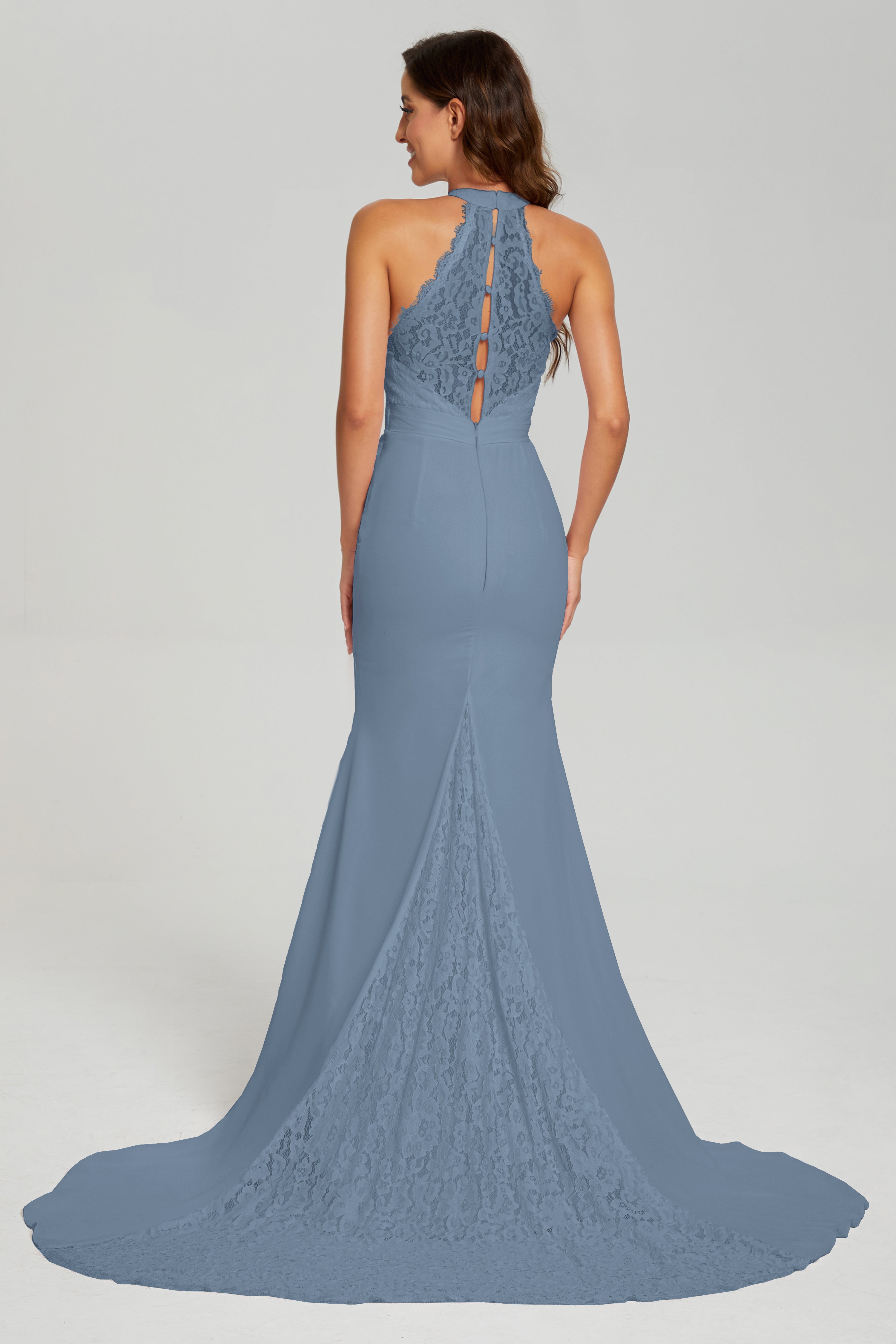 Halter Mermaid Lace Prom Dresses with Trailing