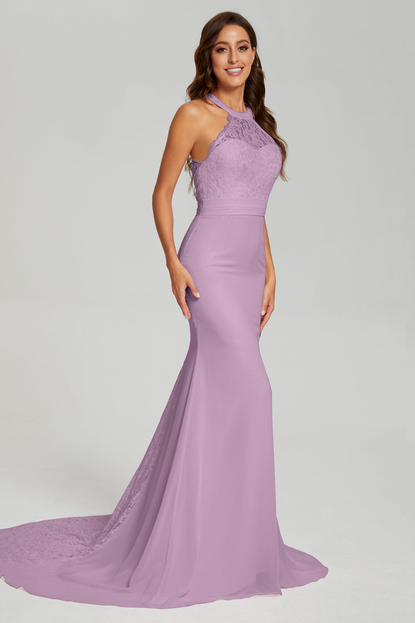 Halter Mermaid Lace Prom Dresses with Trailing
