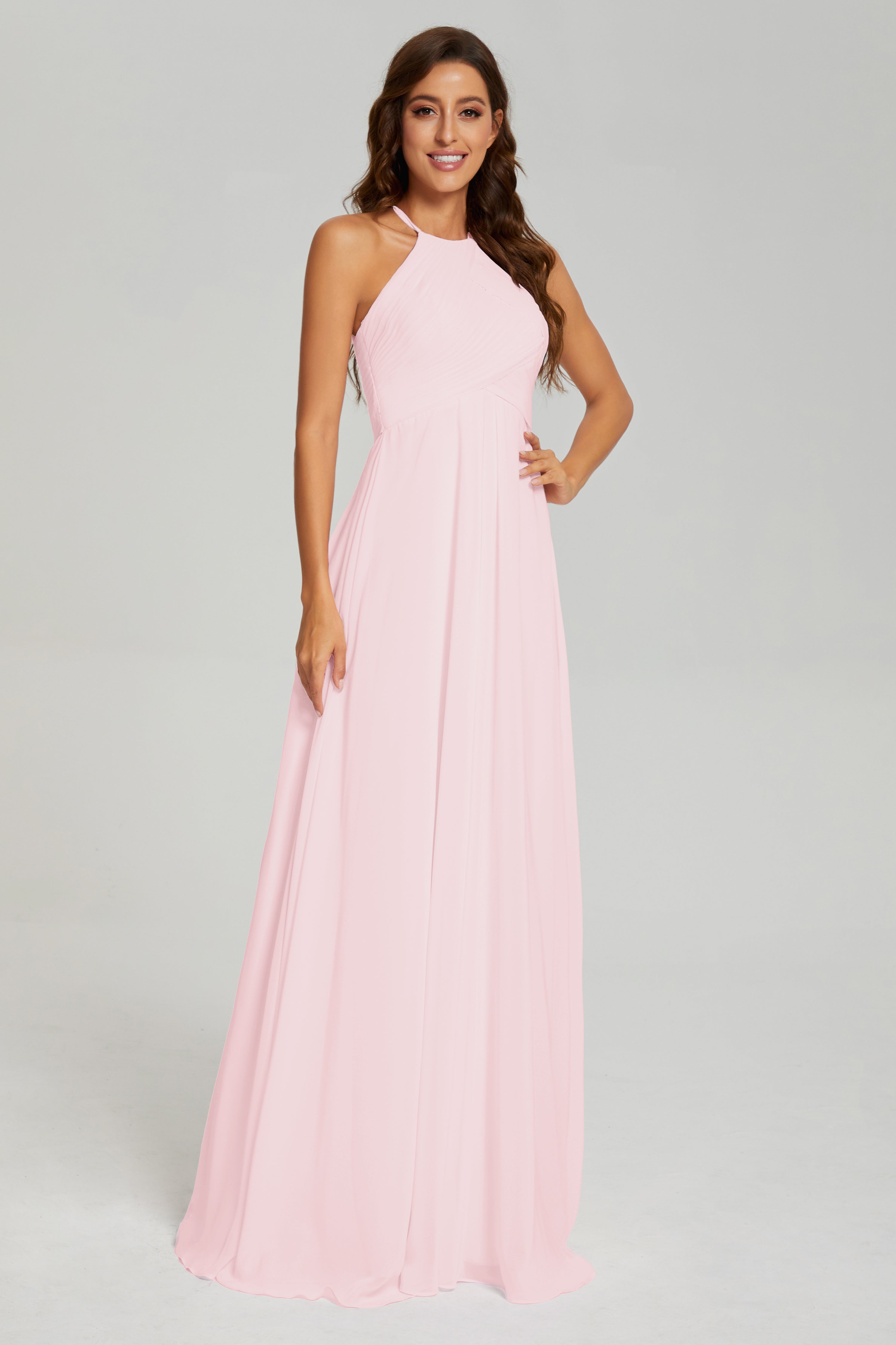 Pleating Halter Open Back Prom Dresses