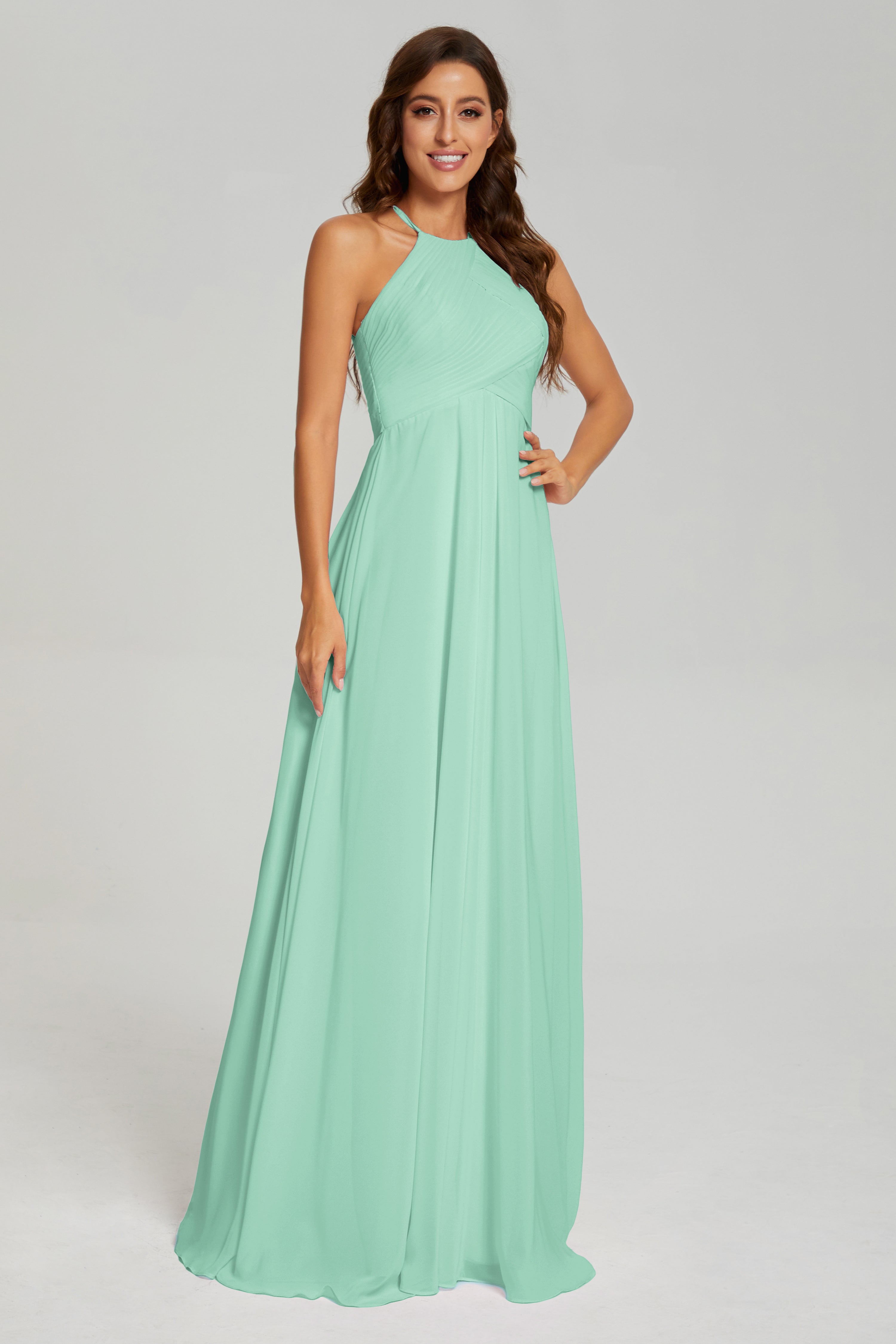 Pleating Halter Open Back Prom Dresses