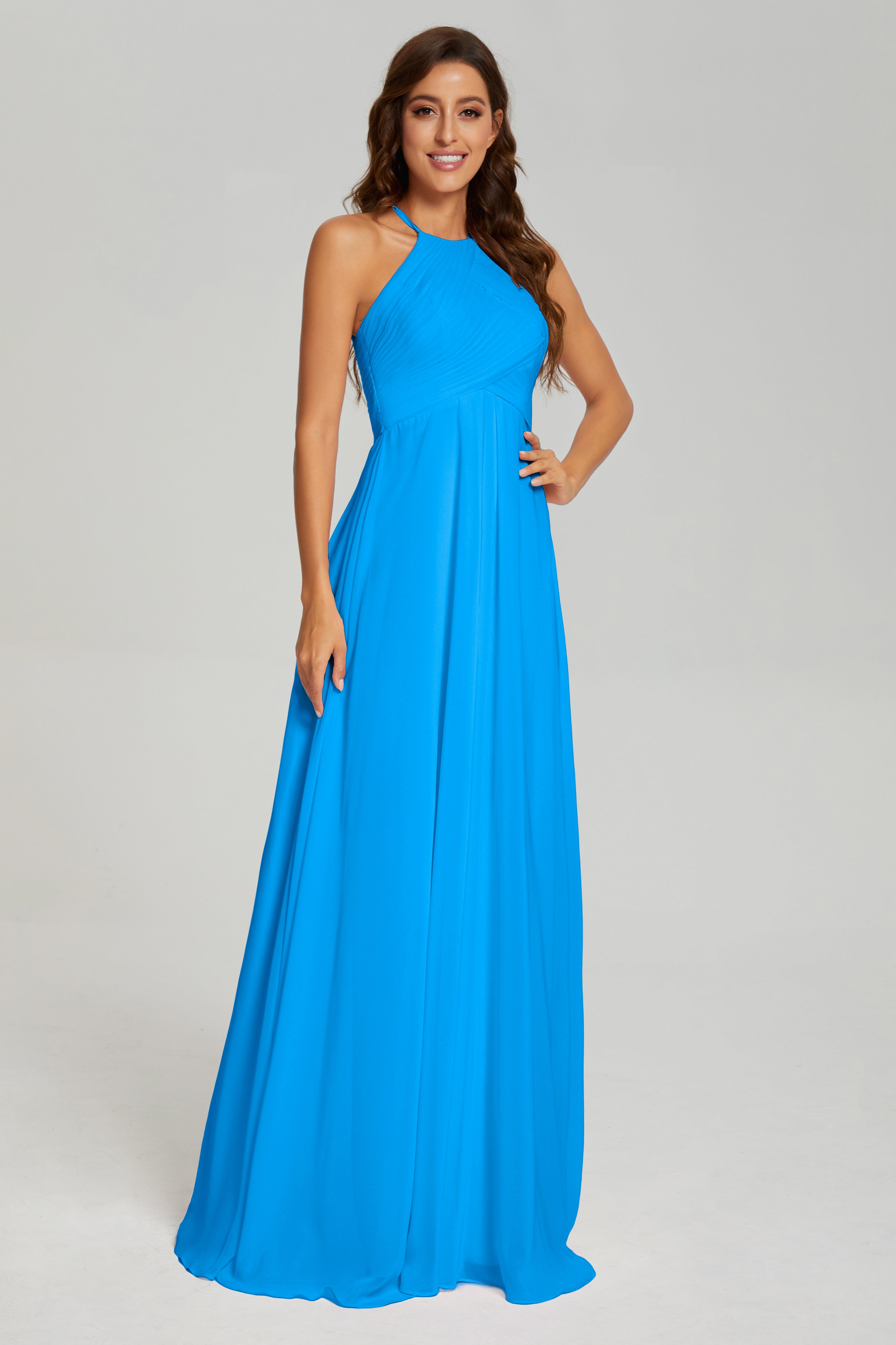 Pleating Halter Open Back Prom Dresses