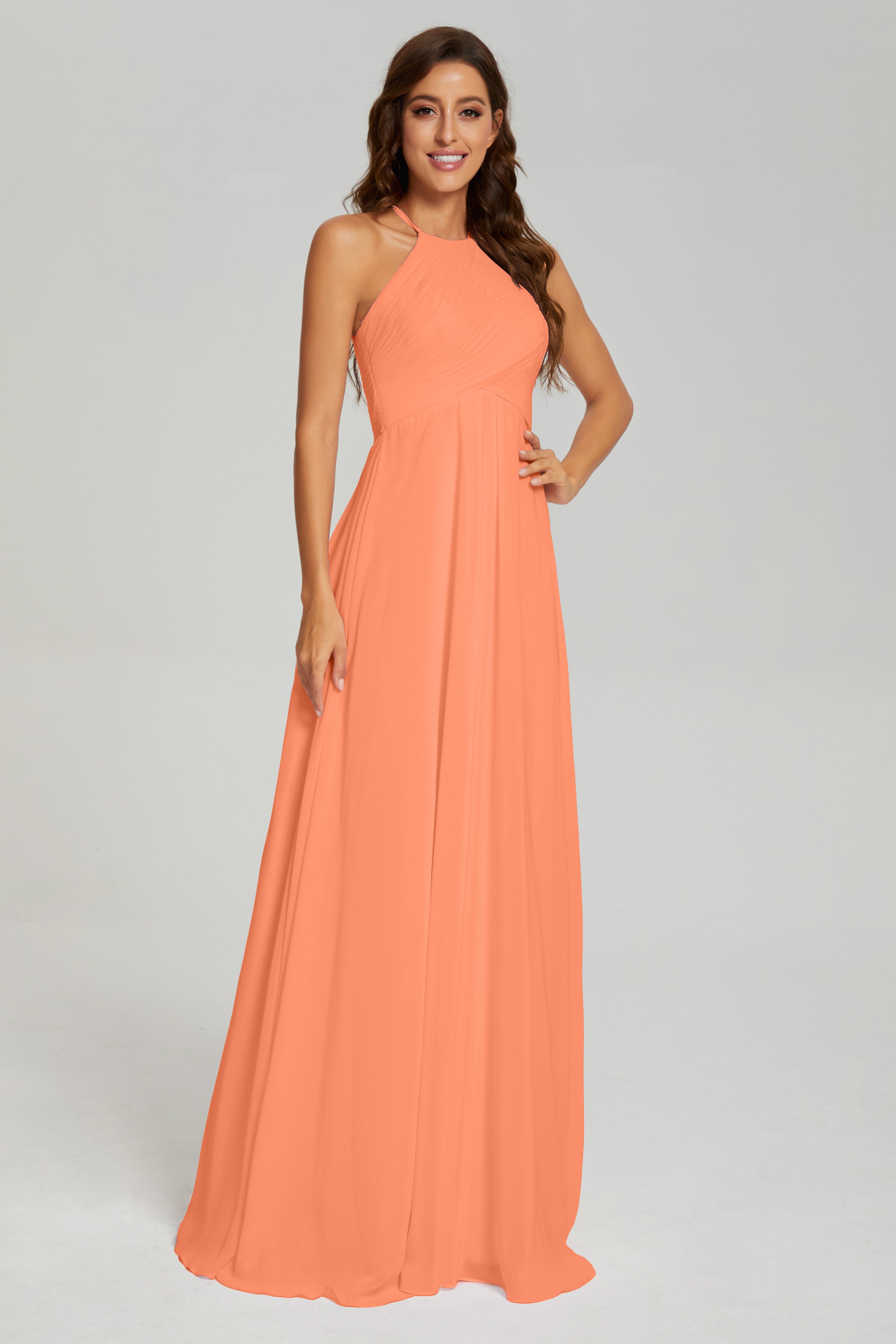 Pleating Halter Open Back Prom Dresses