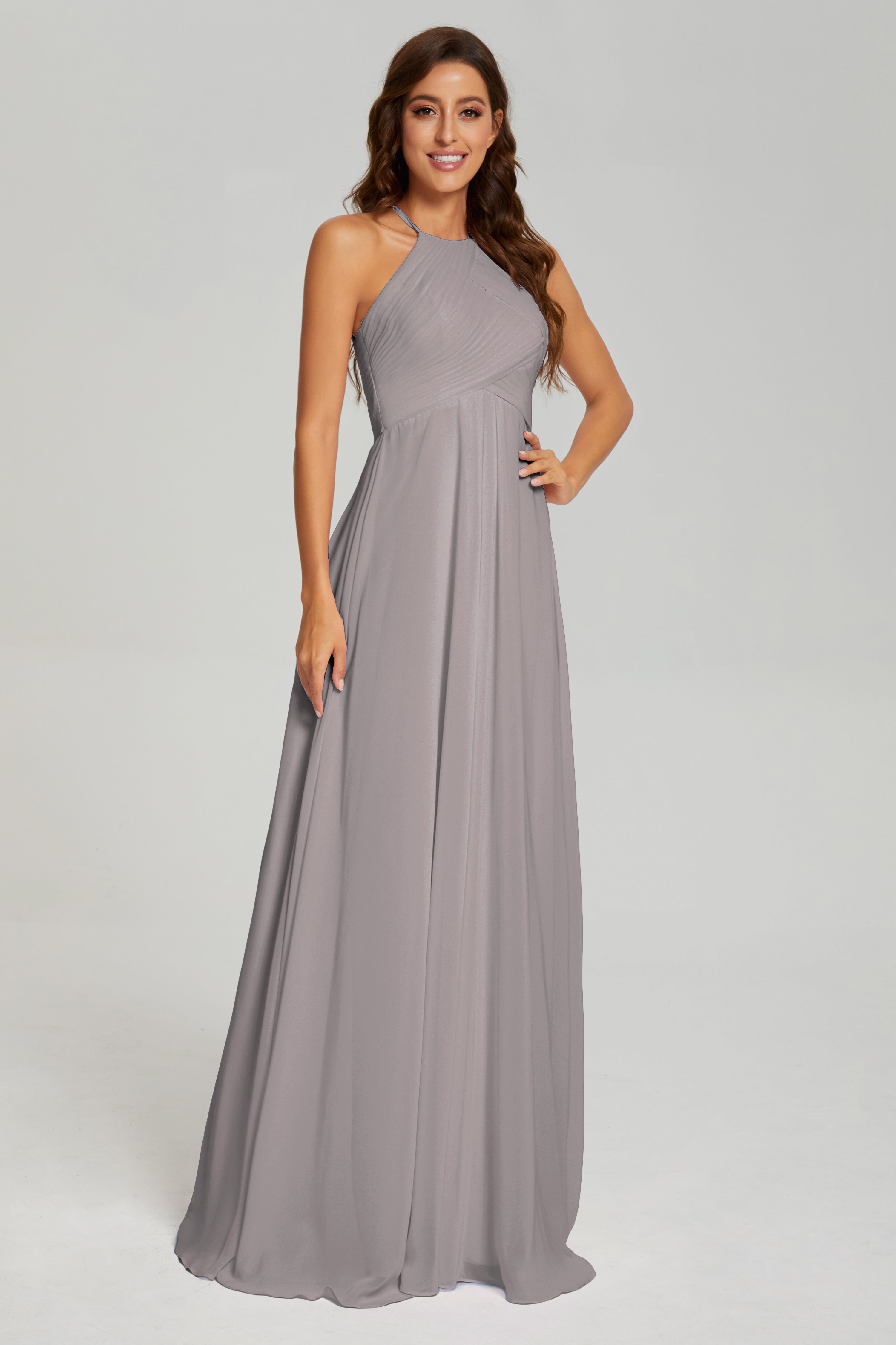 Pleating Halter Open Back Prom Dresses