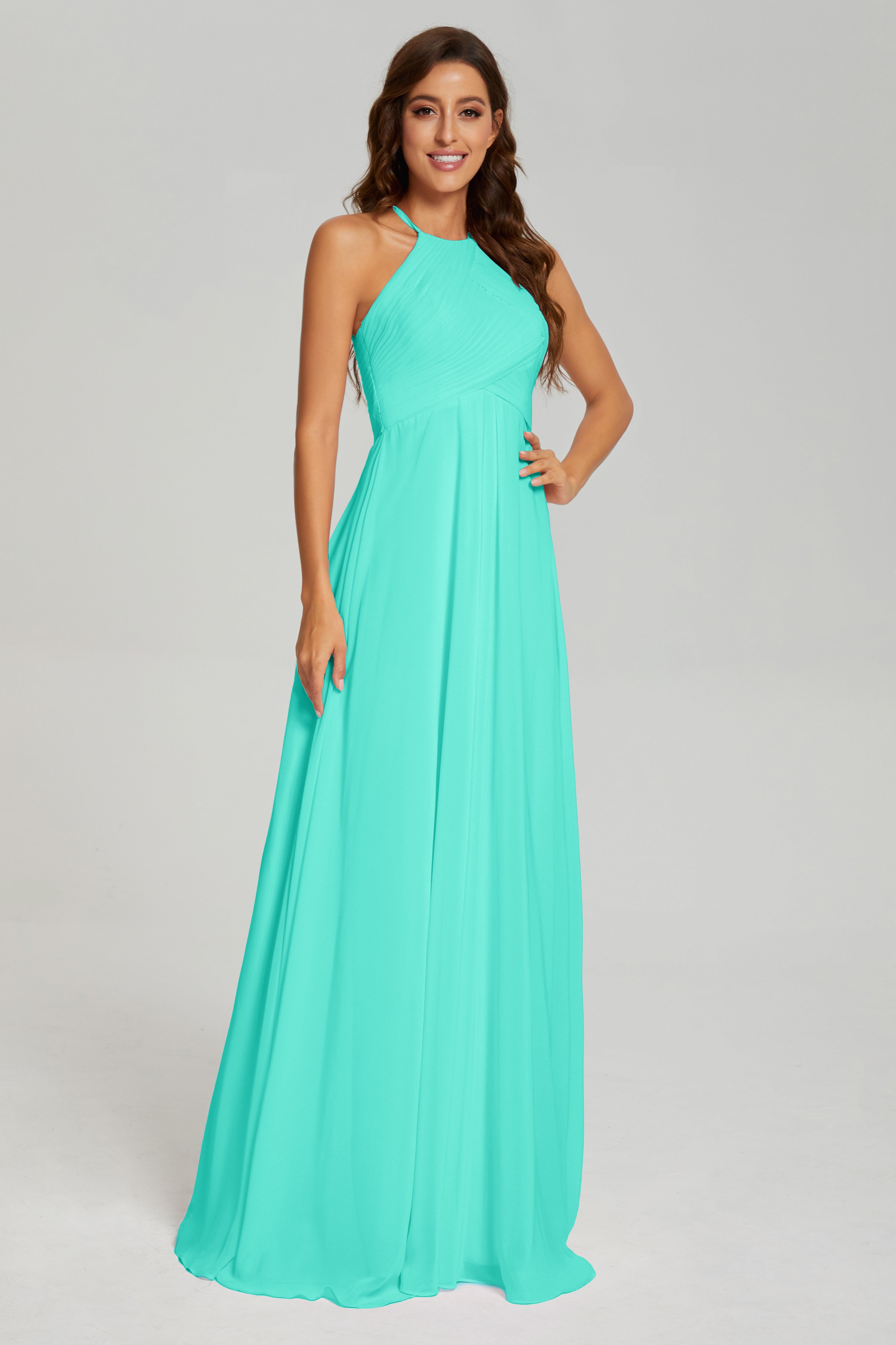 Pleating Halter Open Back Prom Dresses