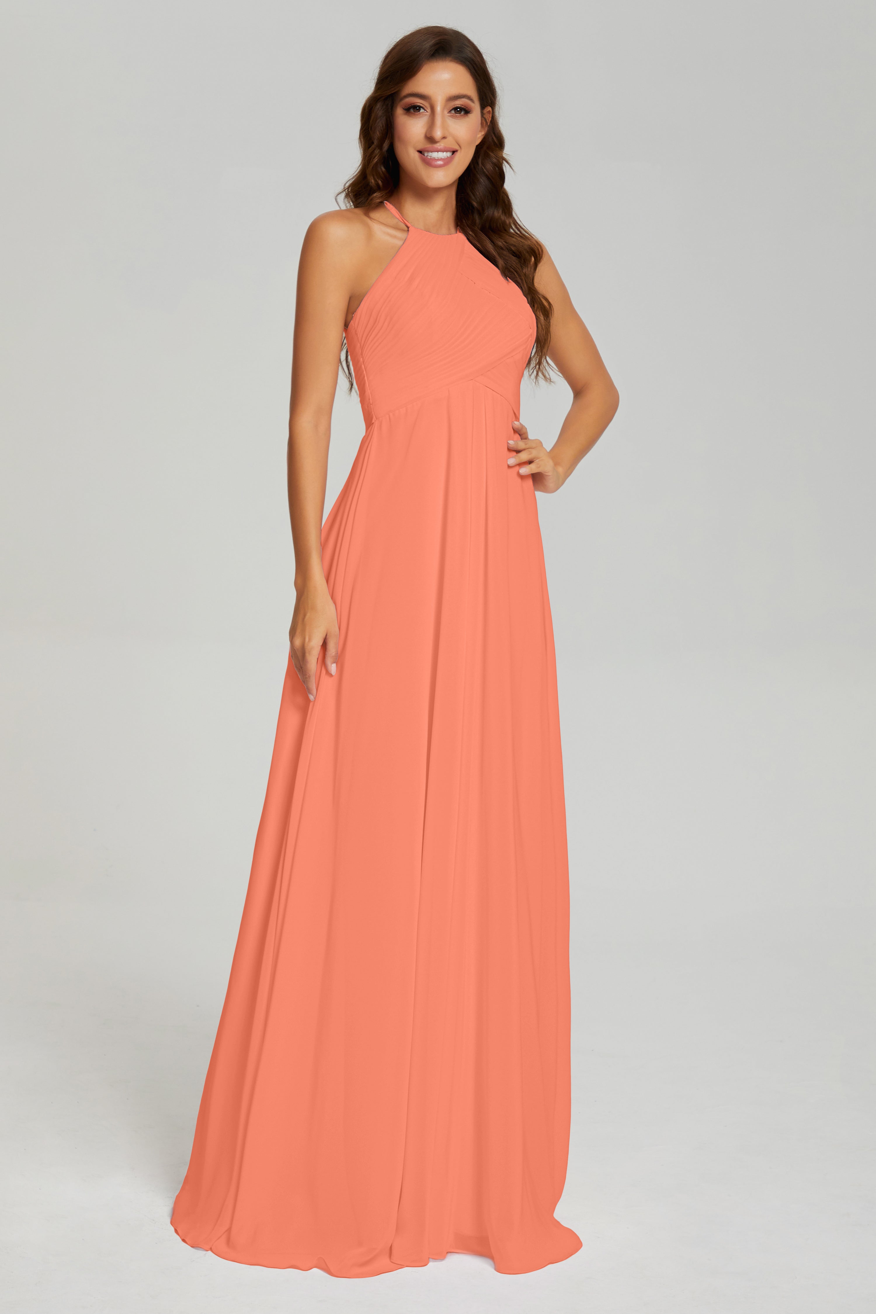 Pleating Halter Open Back Prom Dresses