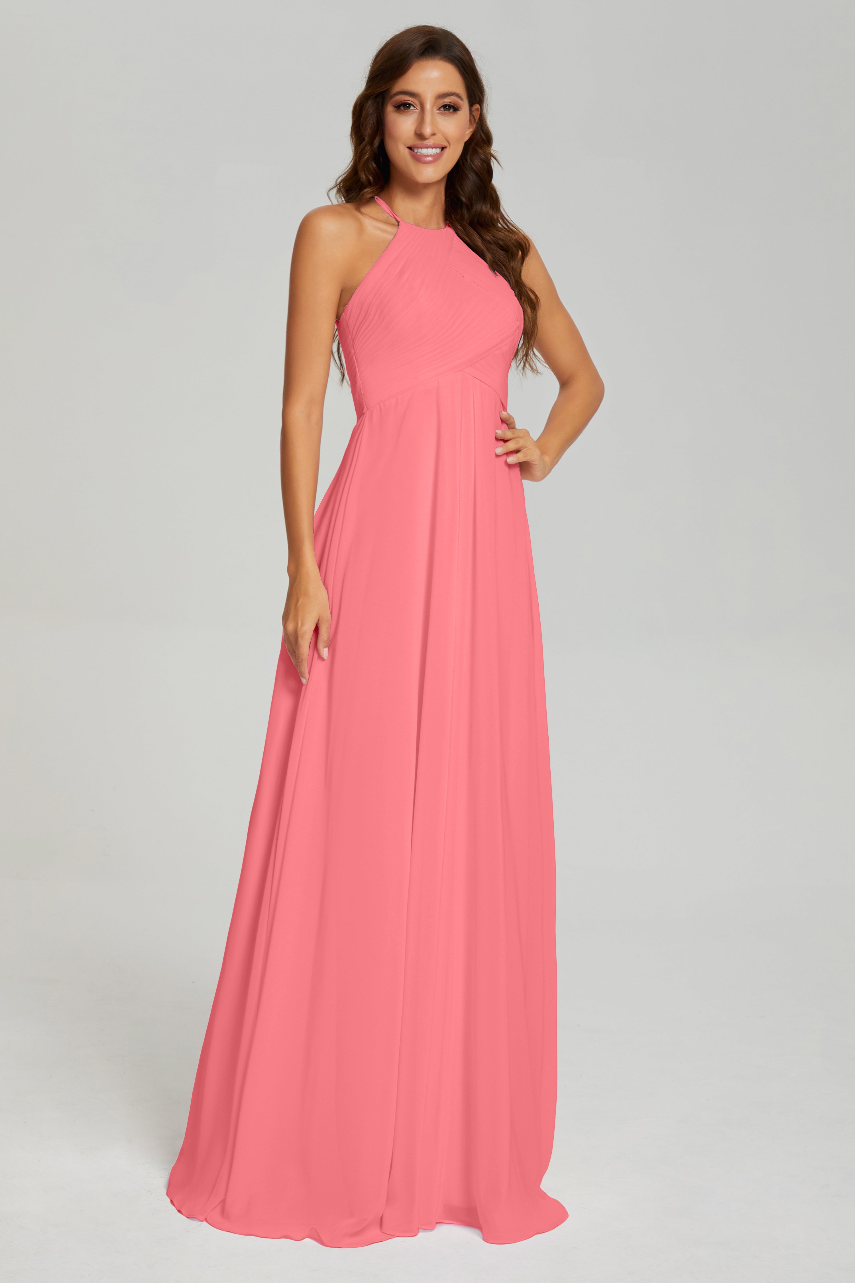 Pleating Halter Open Back Prom Dresses