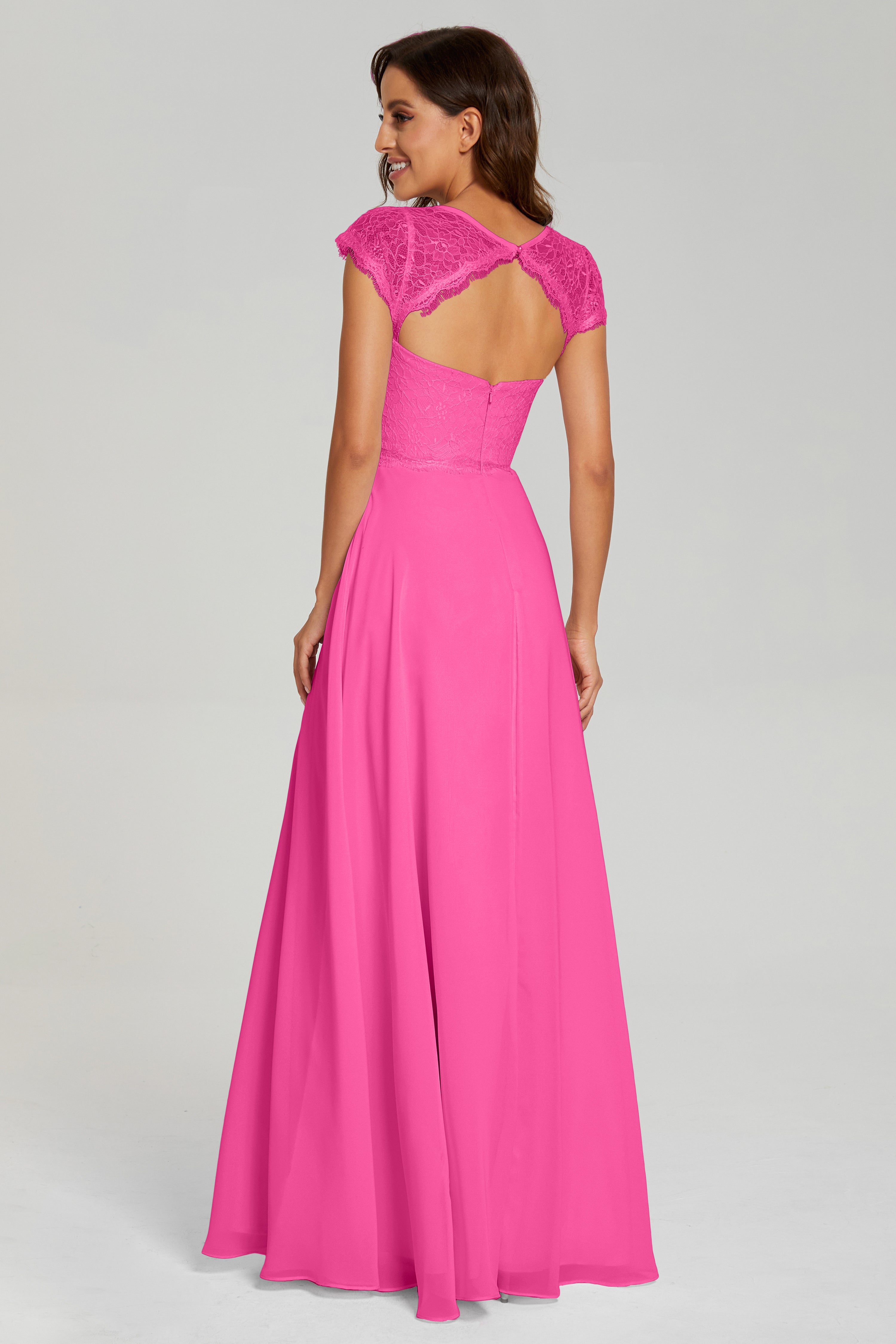 Illusion Cap Sleeve Chiffon Prom Dresses