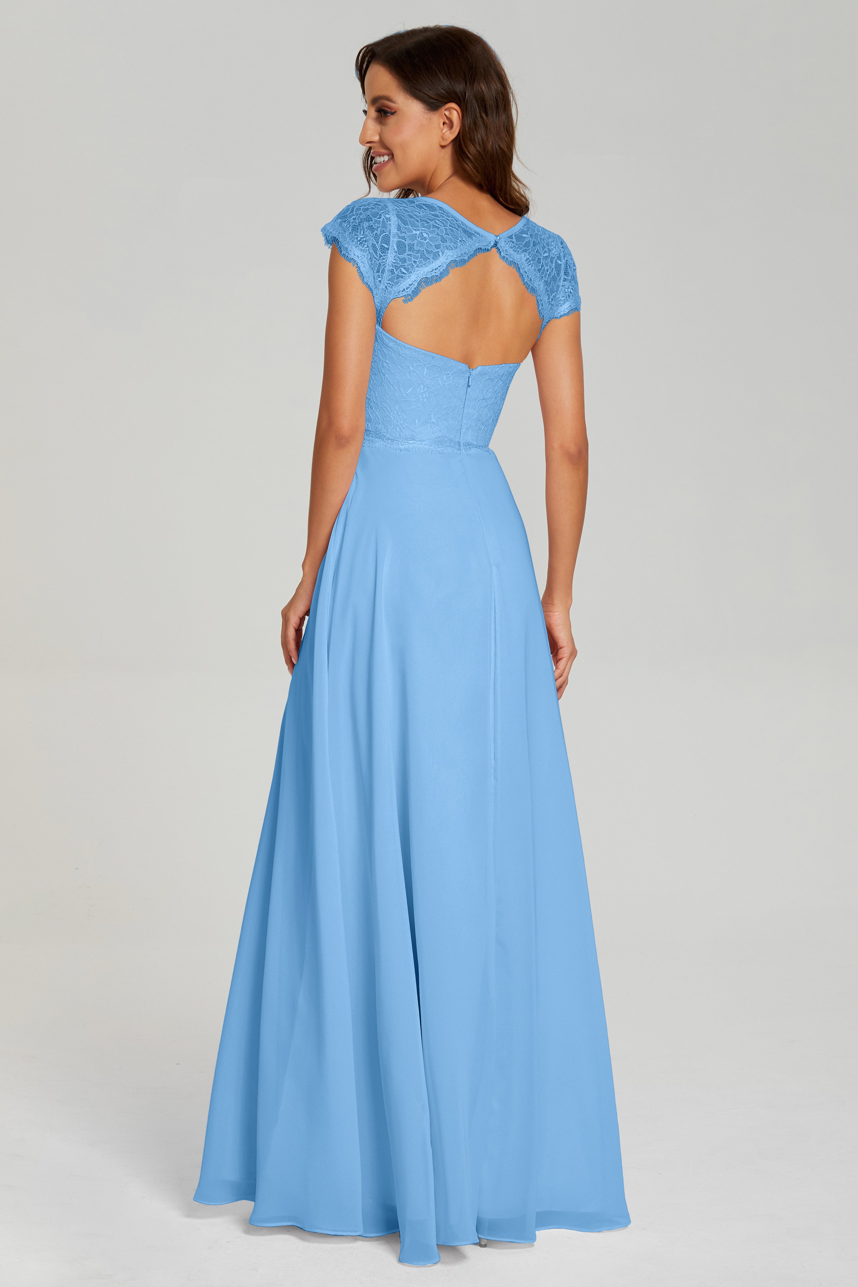 Illusion Cap Sleeve Chiffon Prom Dresses