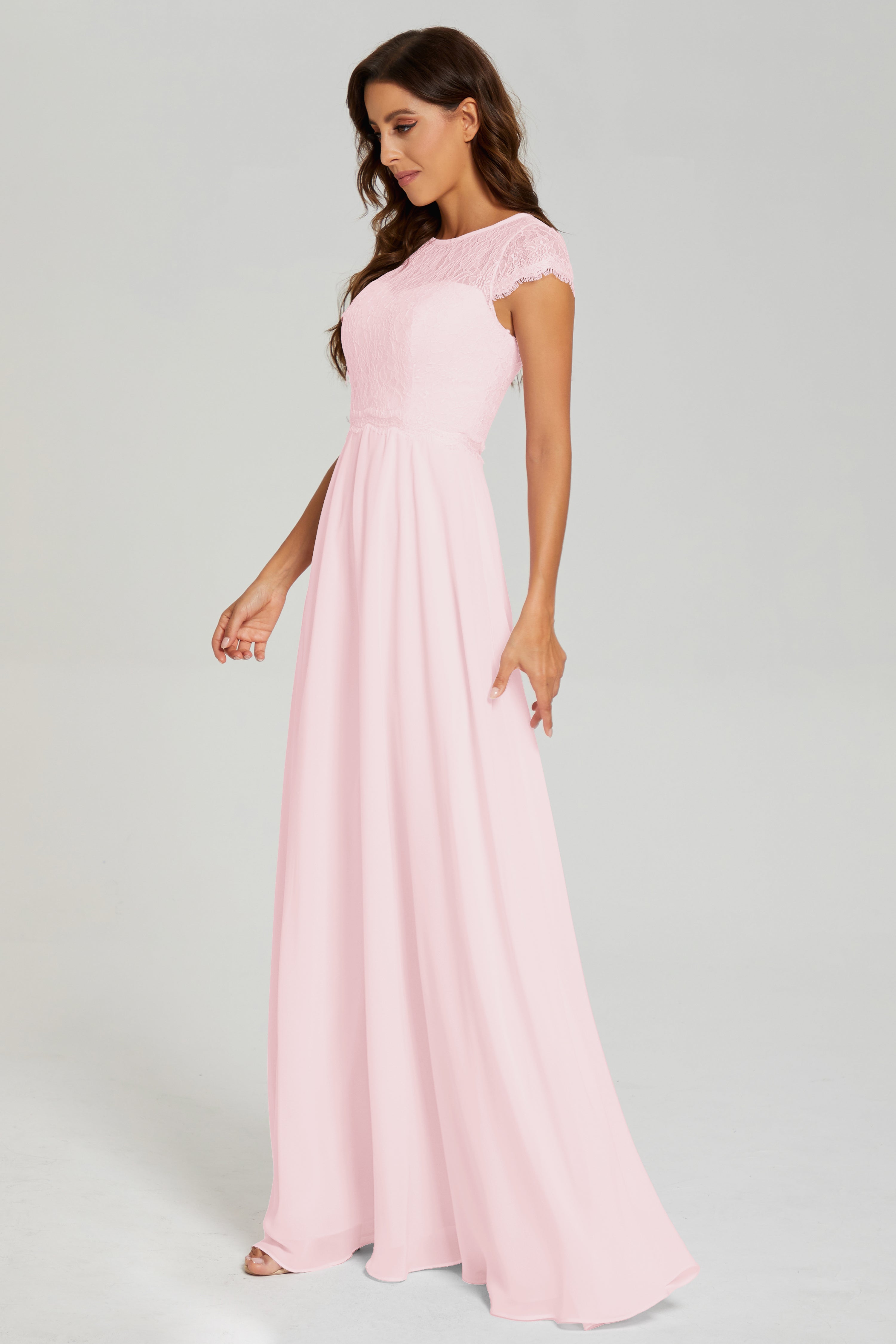 Illusion Cap Sleeve Chiffon Prom Dresses