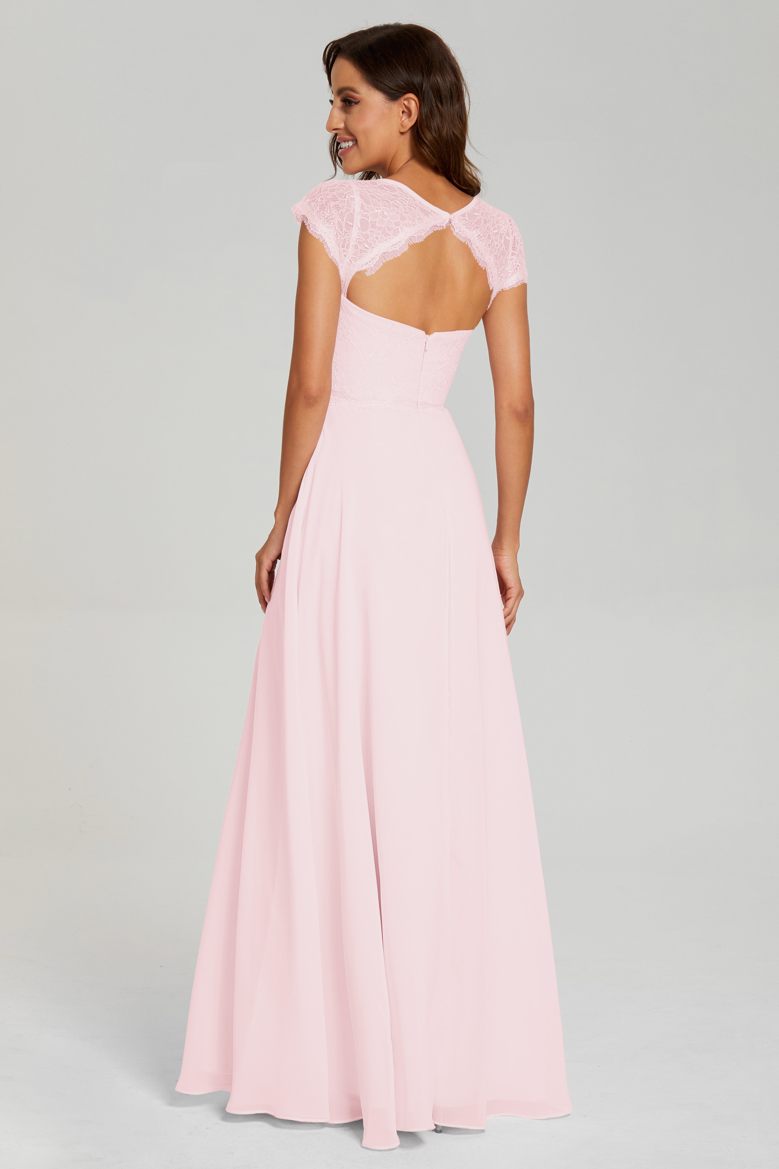 Illusion Cap Sleeve Chiffon Prom Dresses